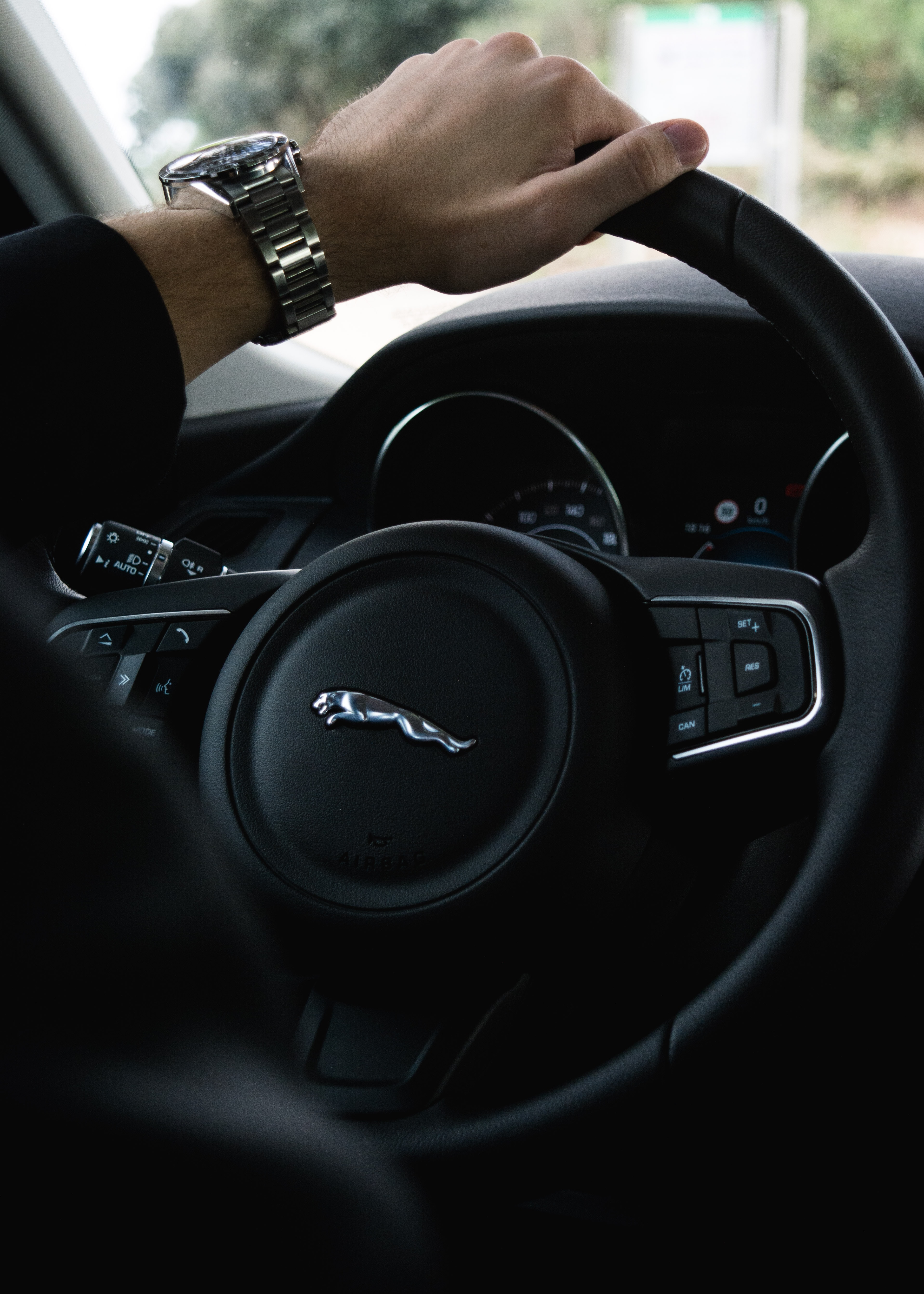 cars, clock, jaguar, hand, steering wheel, rudder 5K