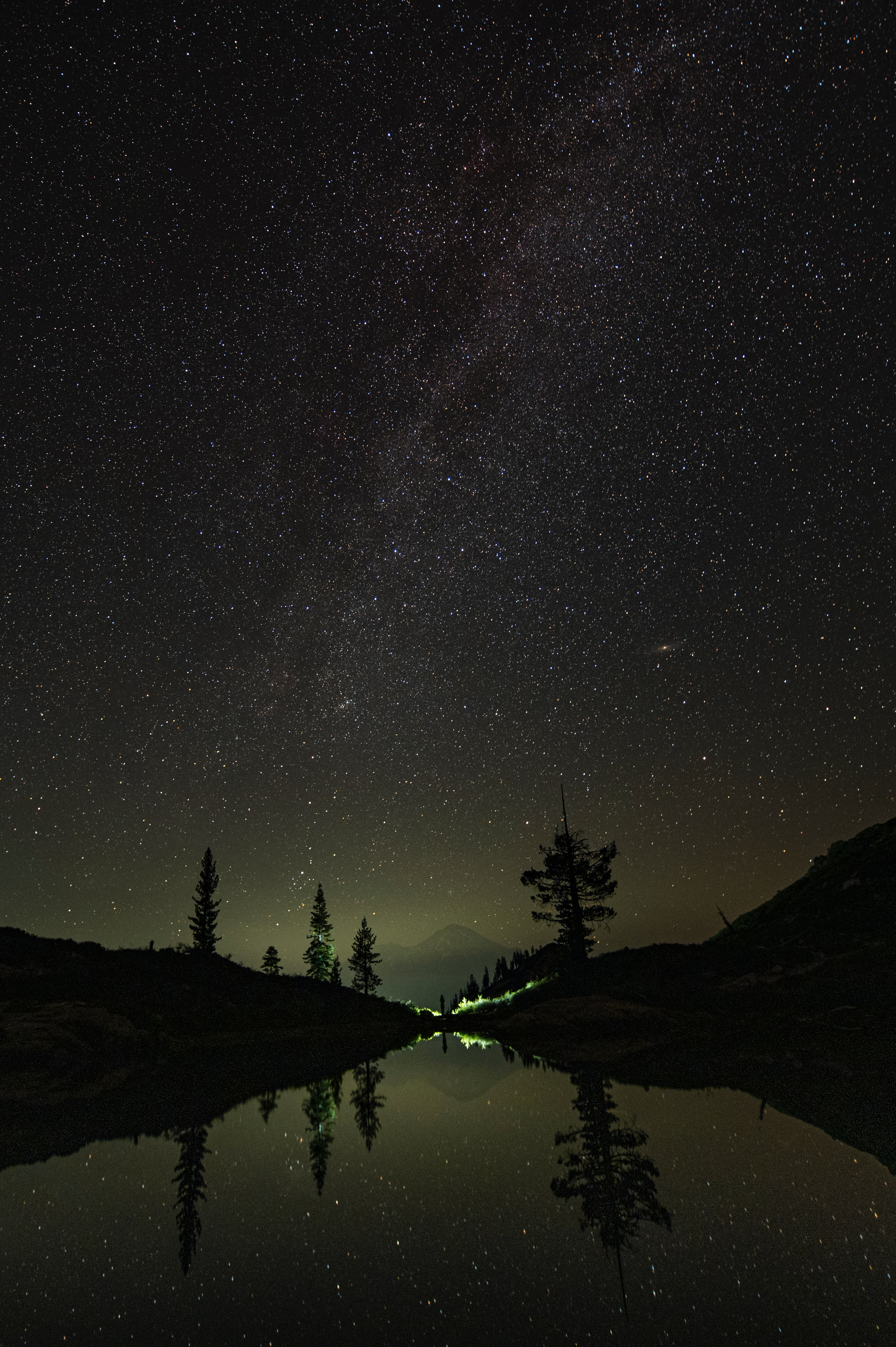 stars, starry sky, dark, trees, mountains, night, lake High Definition image