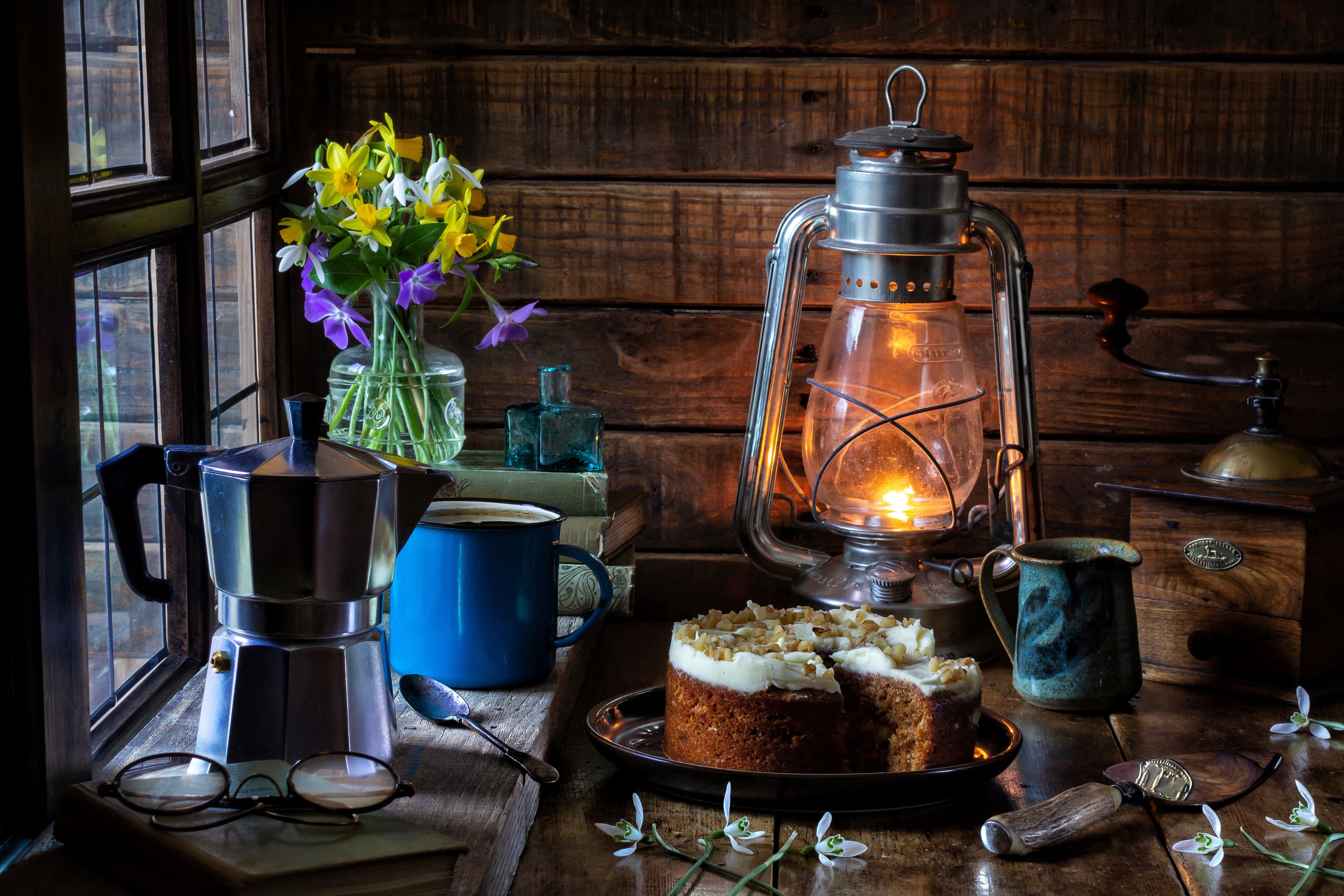 photography, still life, book, cake, coffee, flower, glasses, grinder, lantern, spoon
