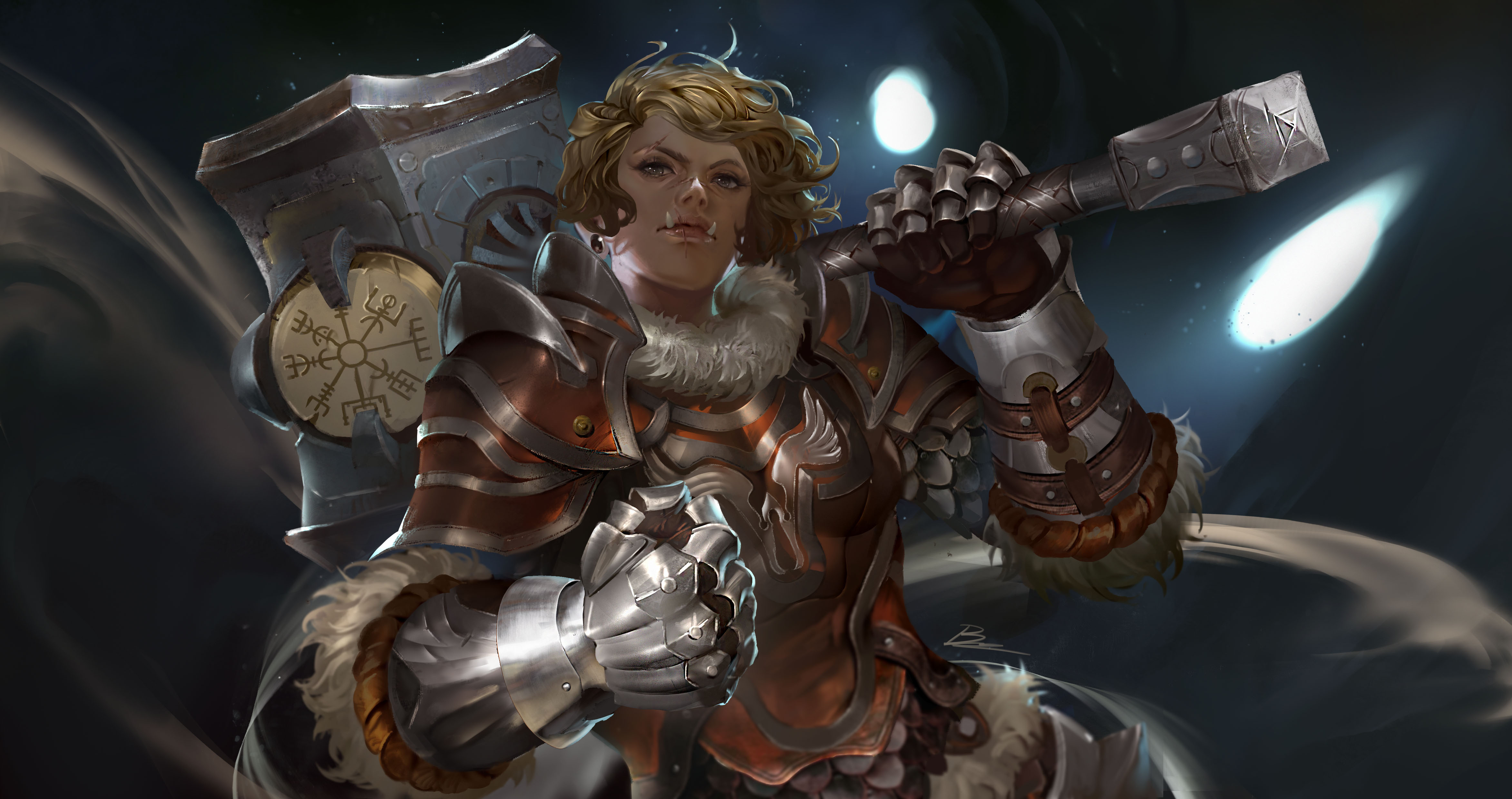 fantasy, women warrior, armor, blonde, hammer, short hair, woman warrior Desktop Wallpaper