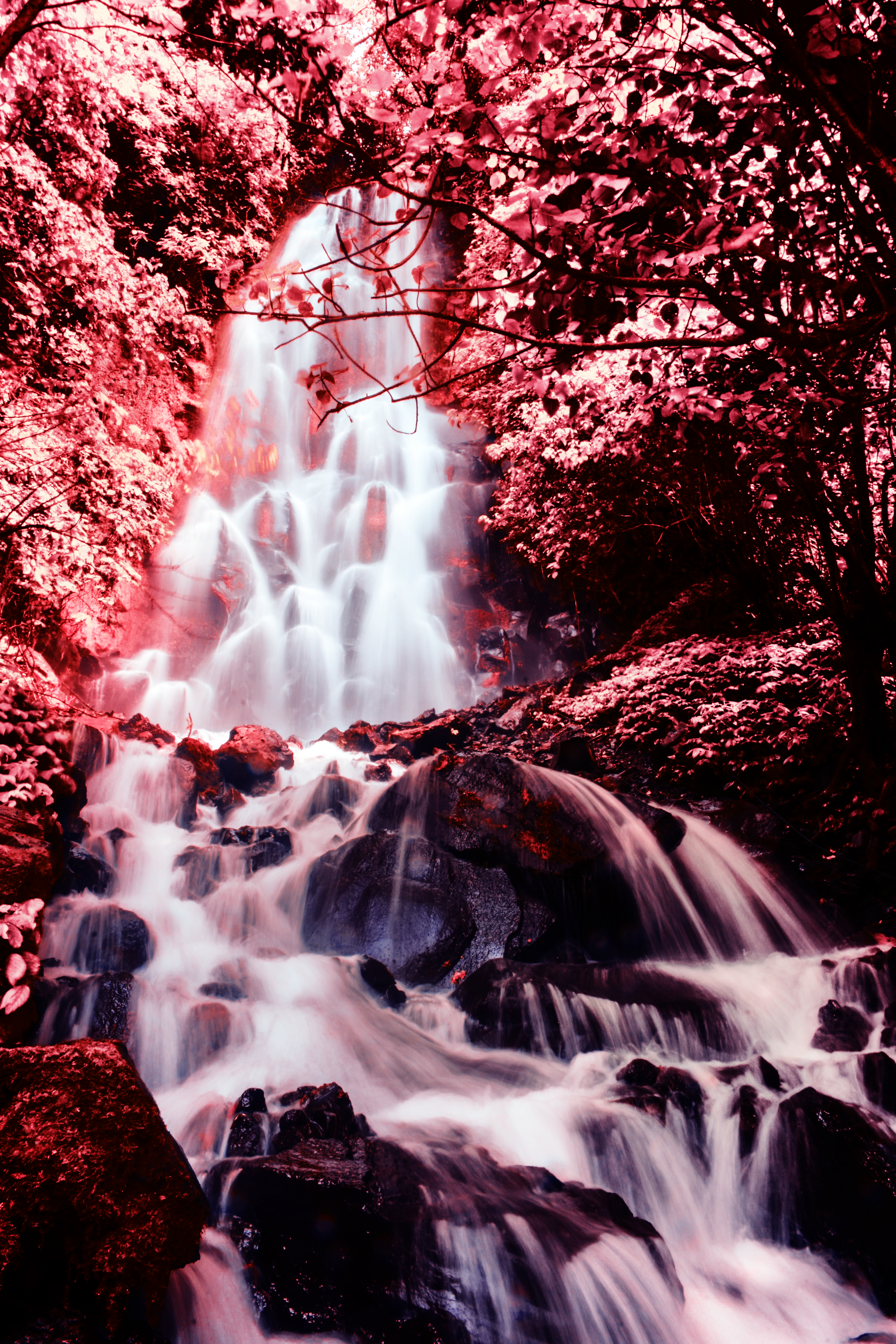 65414 скачать обои водопад, фотошоп, природа, камни, красный, течение - заставки и картинки бесплатно
