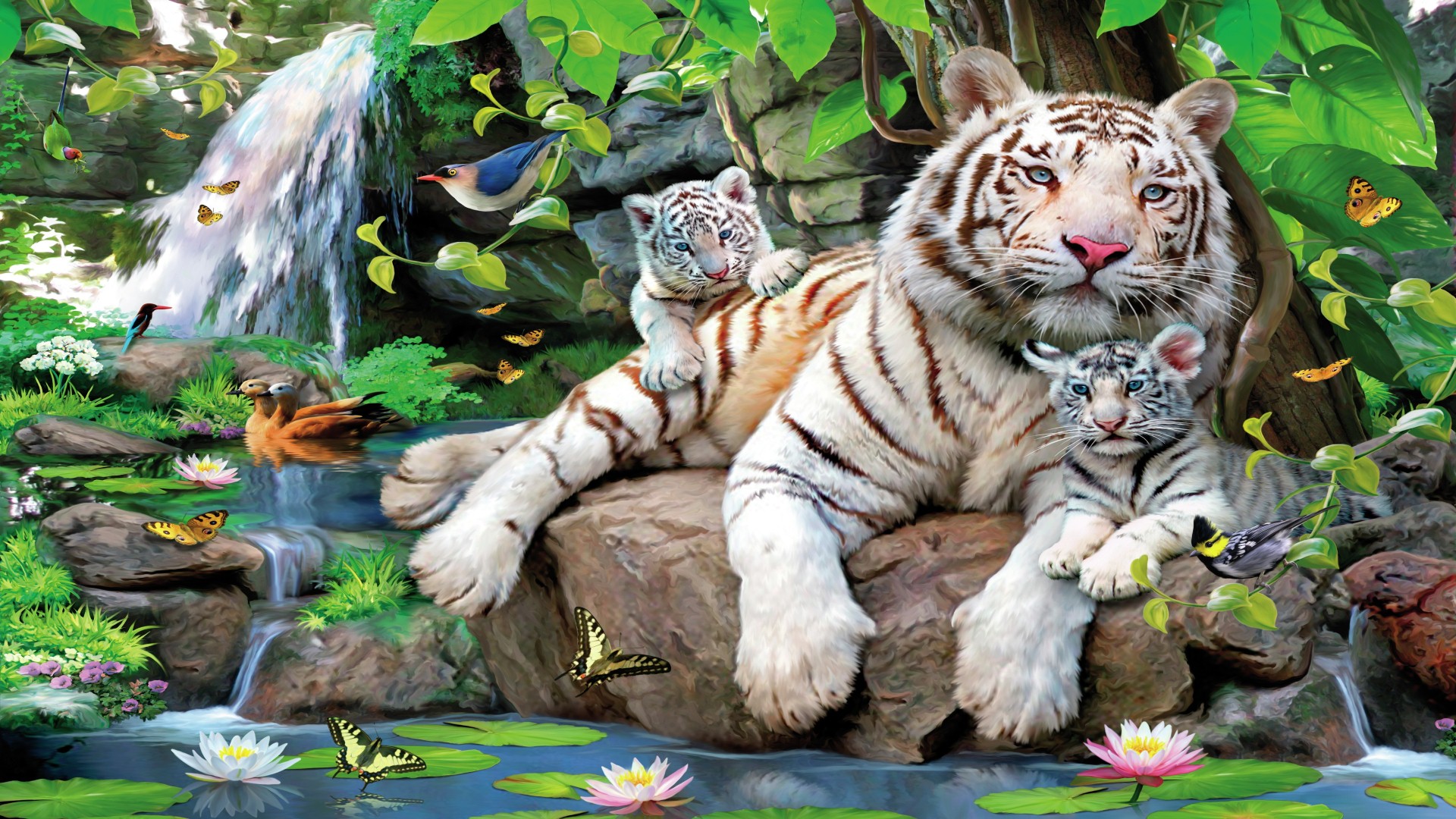 water lily, leaf, pond, animal, white tiger, bird, butterfly, cub, tiger, tree, cats