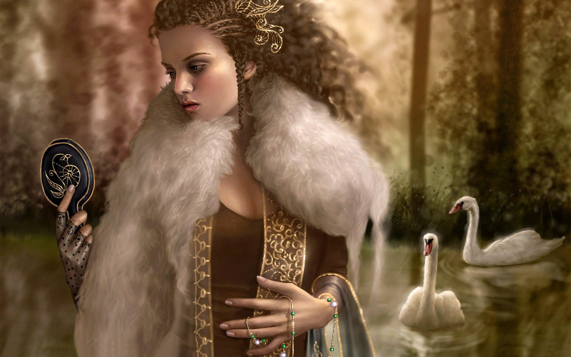 Download background fantasy, swans, girl, fur, mirror