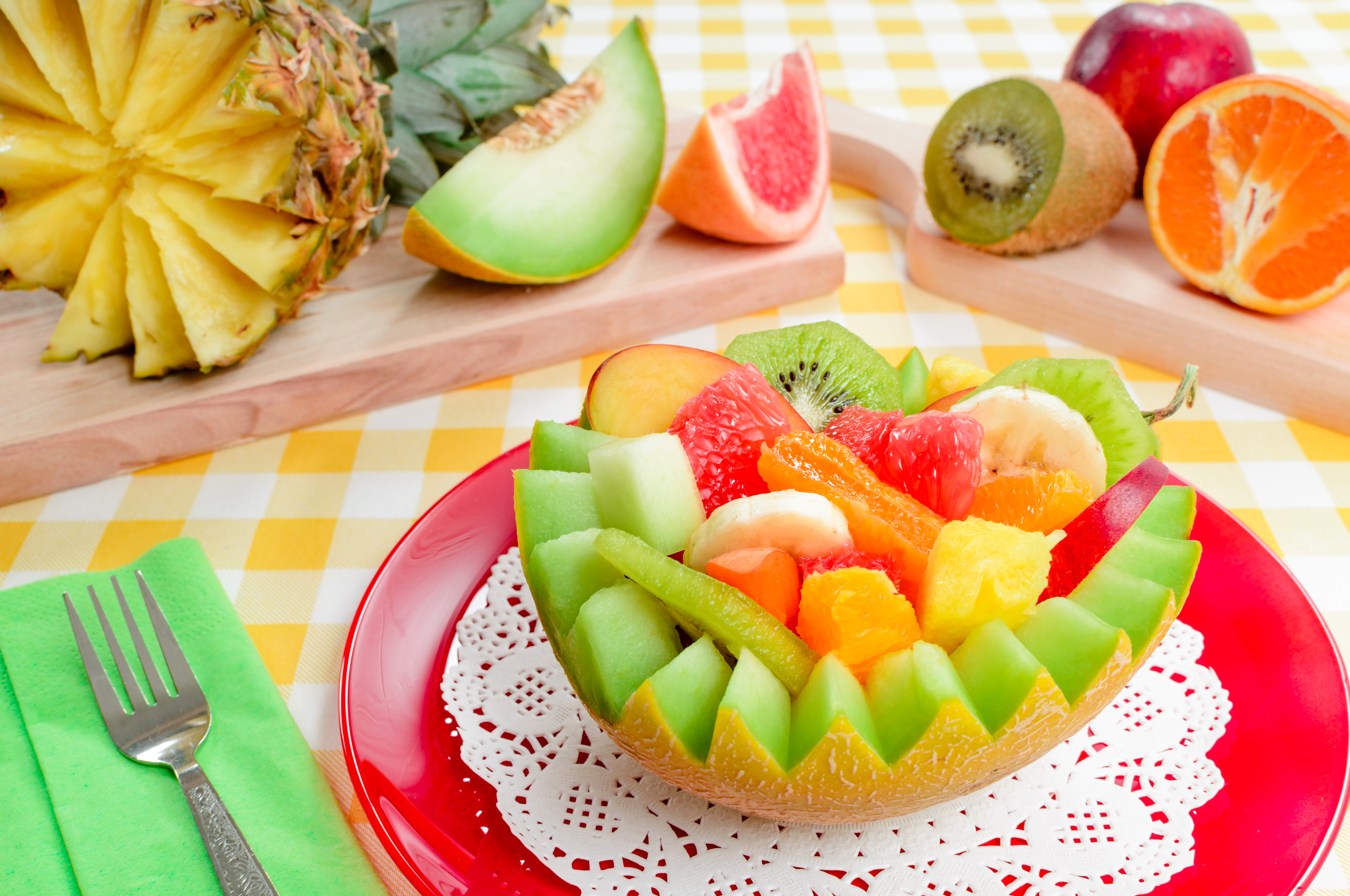 kiwi, food, fruit, melon, orange (fruit), pineapple, fruits