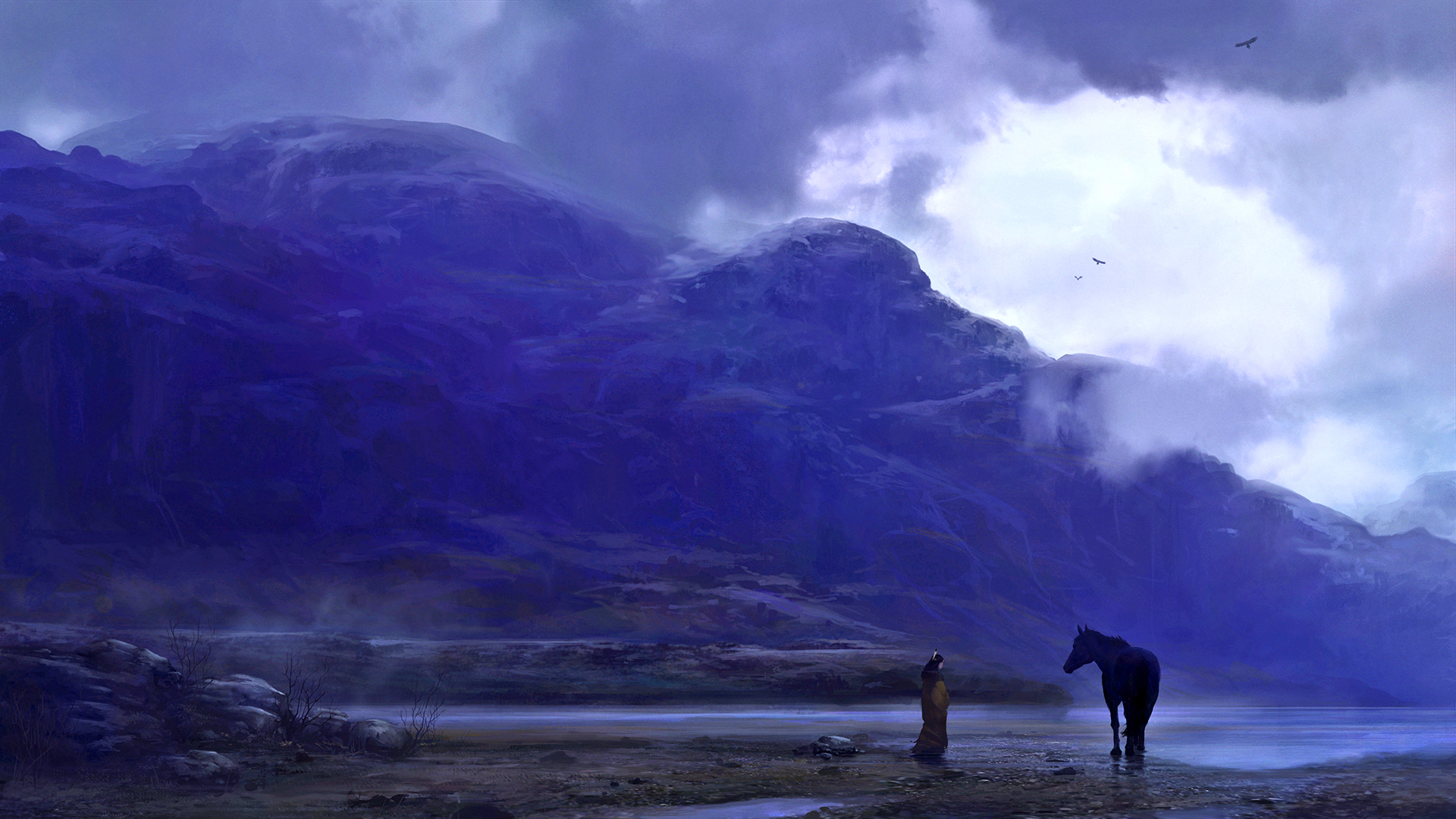 Лошадь в тумане в горах