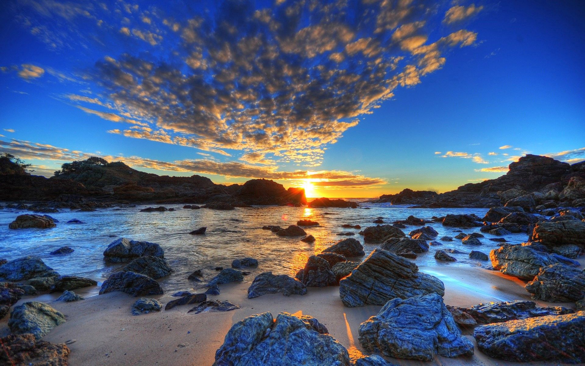stones, hdr, evening, sea, sunset, nature, sky, sun, clouds, beach, shore, bank download HD wallpaper