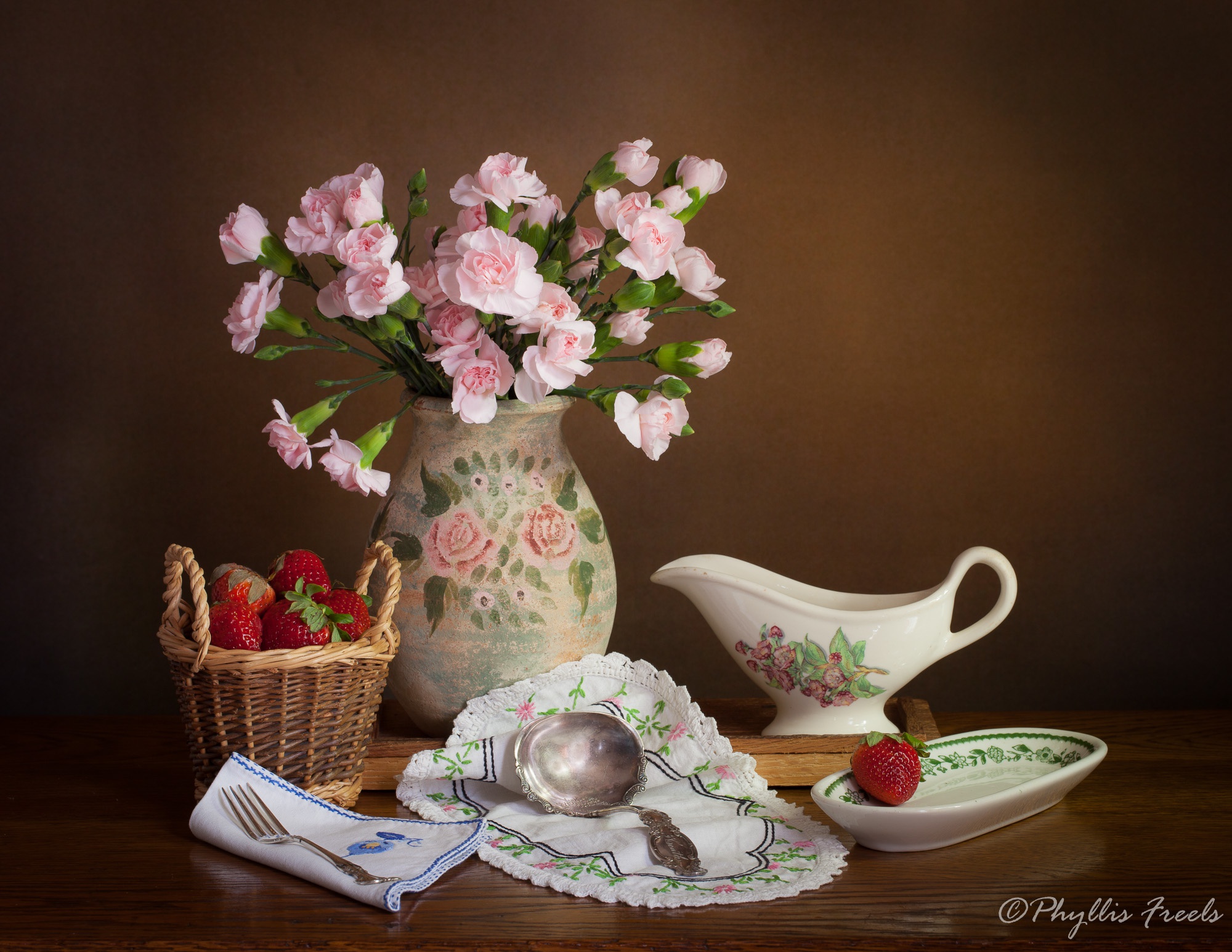 flower, food, still life, basket, berry, carnation, napkin, strawberry, vase cell phone wallpapers