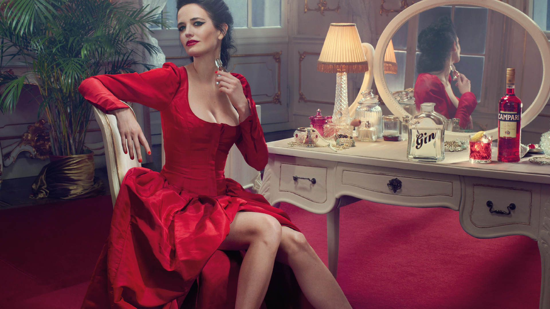 Download background red dress, eva green, celebrity, actress, alcohol, brunette, french, lipstick, mirror