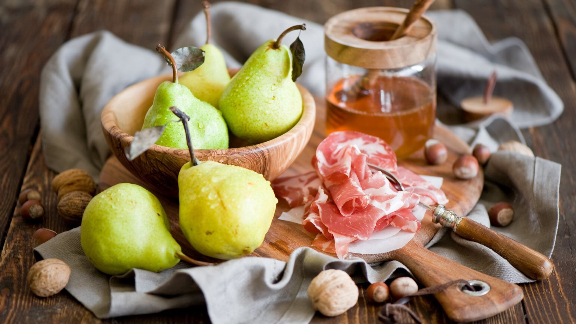 food, pears, still life, nuts, honey, jamon, hamon