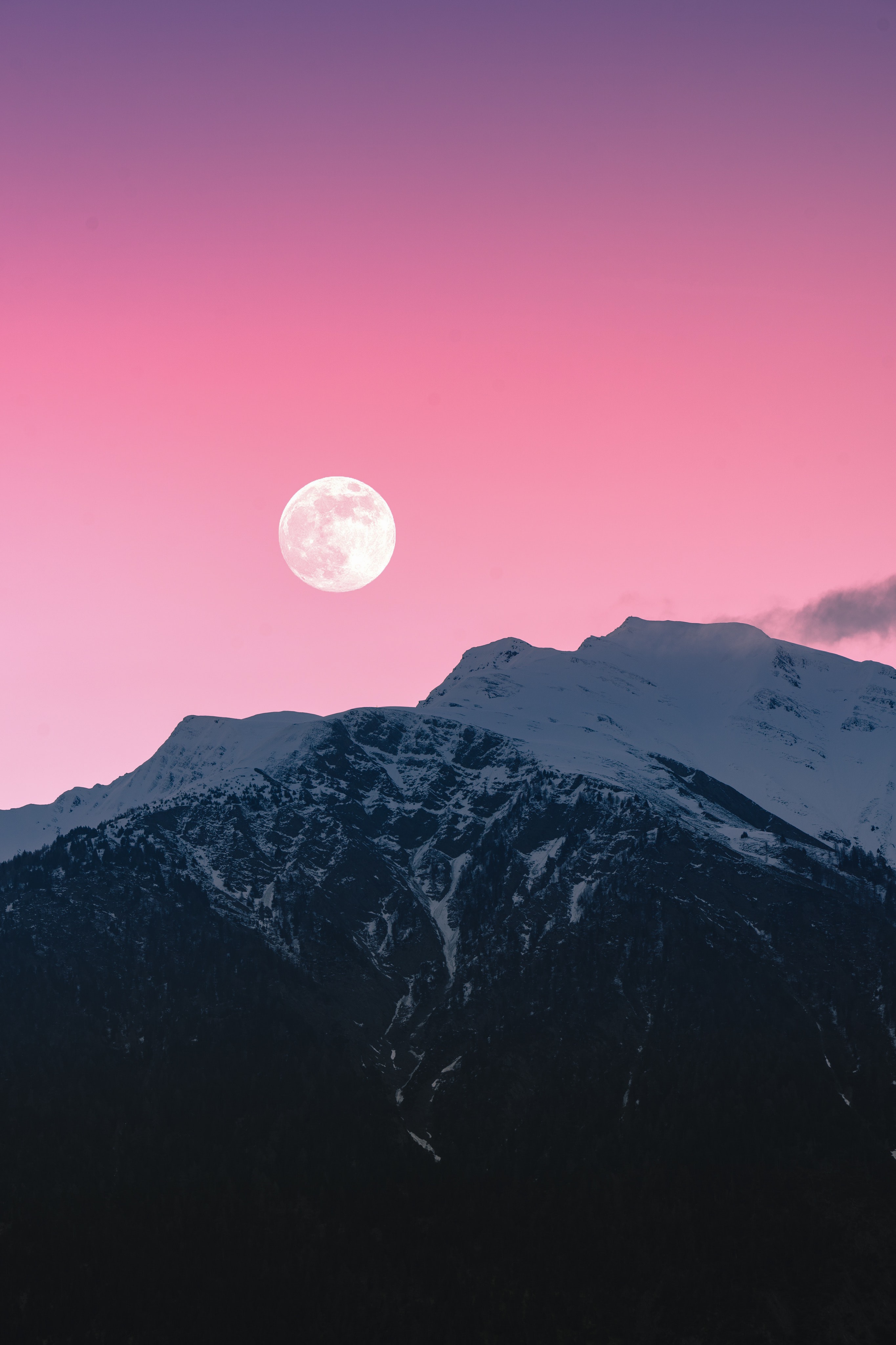 Download mobile wallpaper Snowbound, Snow, Rocks, Snow Covered, Mountains, Nature, Pink, Moon for free.