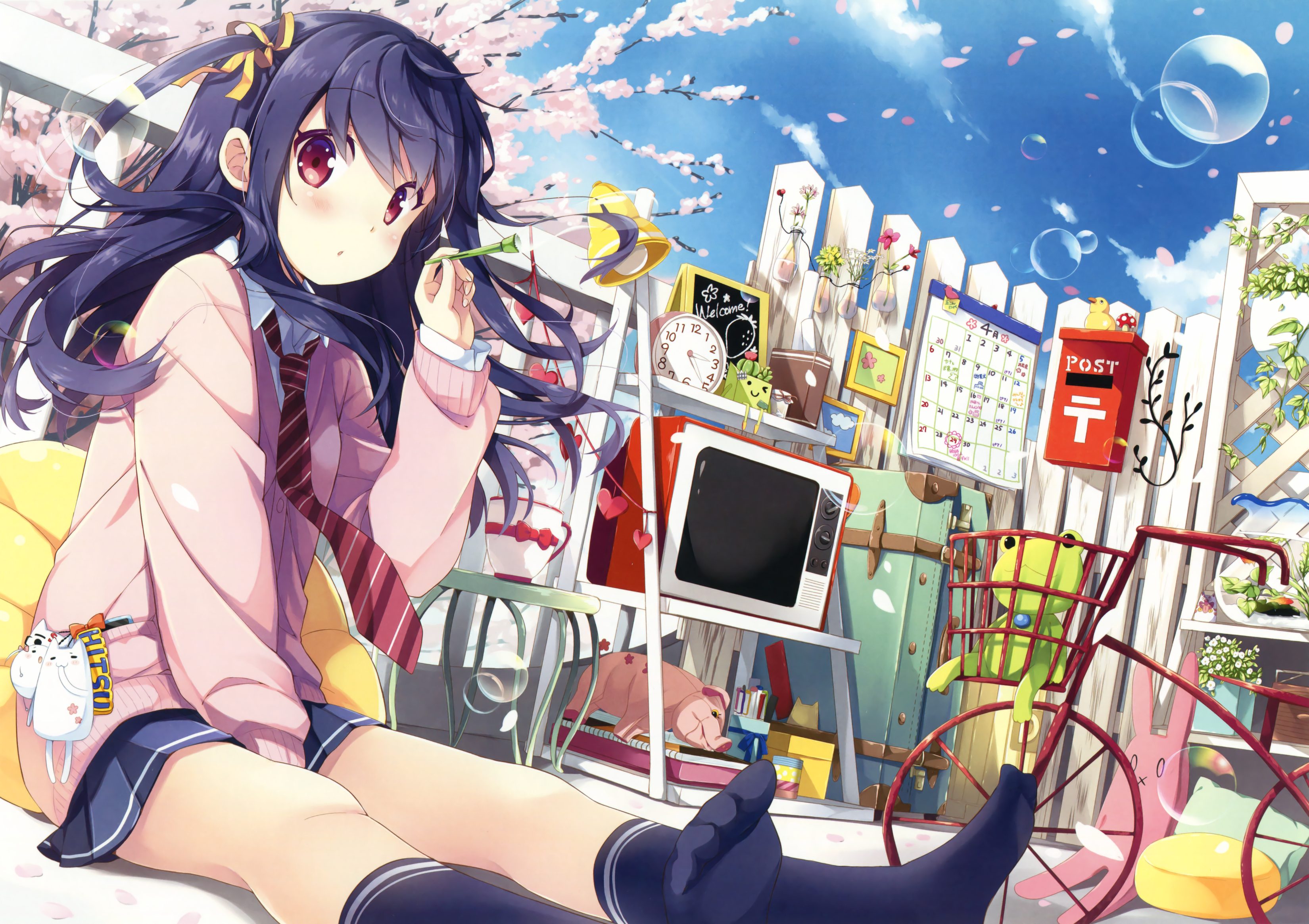 anime, original, bike, bubble, cherry blossom, frog, long hair, purple hair, red eyes, ribbon, television, tie, twintails High Definition image