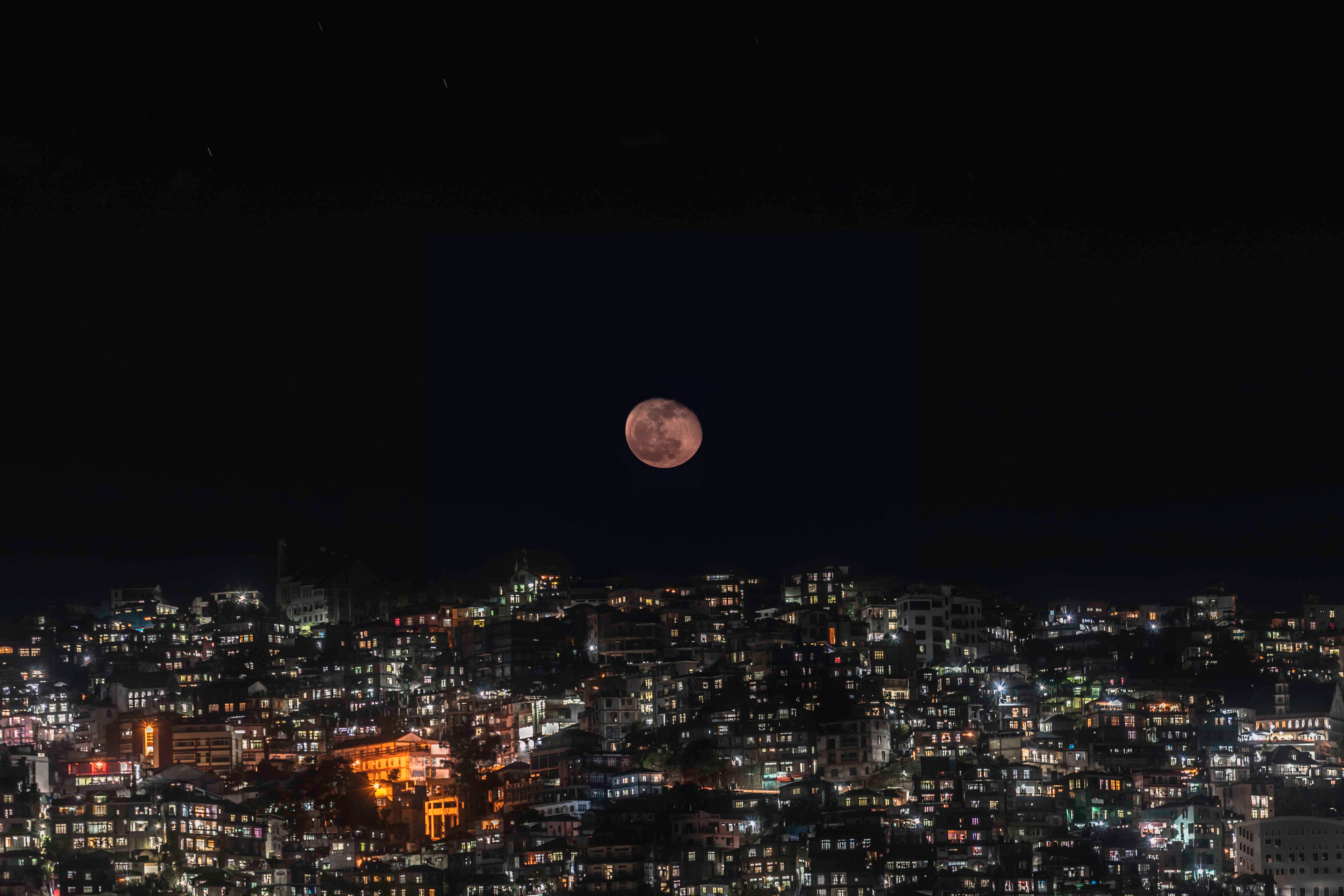 Download mobile wallpaper Cities, Night City, Night, Darkness, Full Moon, Moon for free.