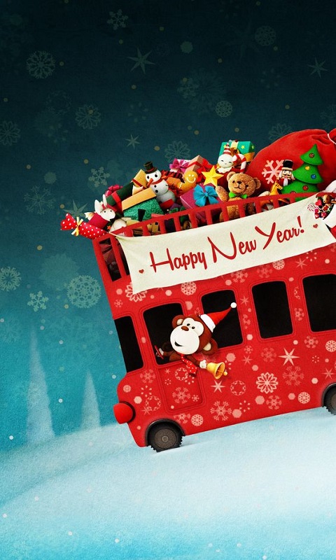 Download mobile wallpaper Christmas, Holiday, Toy, Monkey, Gift, Bus, Santa Hat, Happy New Year for free.