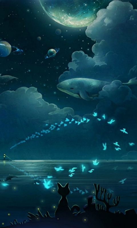 1216518 скачать обои кит, кот, аниме, ночь, звезда, звёзды, птицы, птица, рыбы, рыба, киты, кошка, луна, планета, облака, облако, пейзаж, ландшафт, небо, океан - заставки и картинки бесплатно