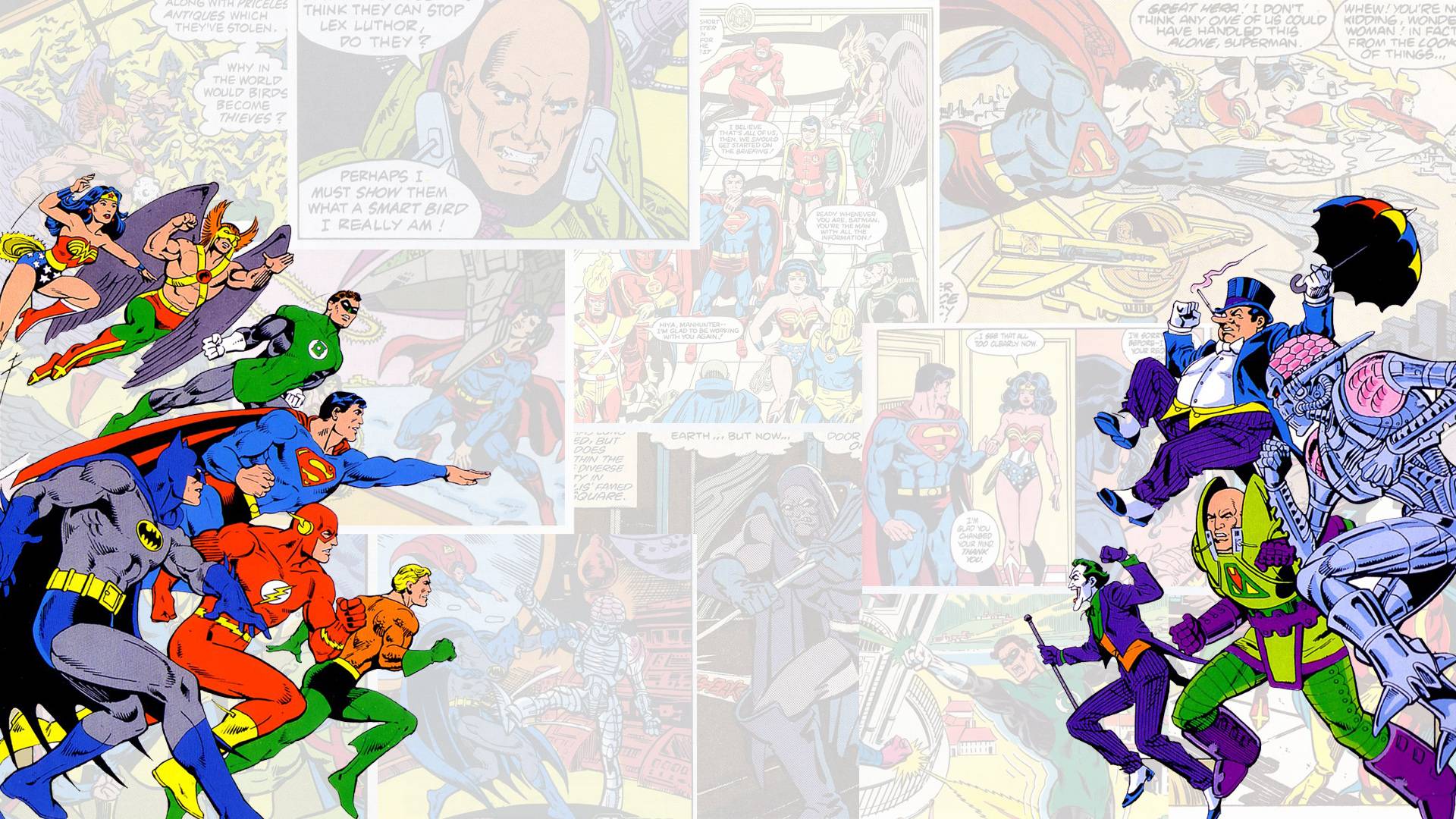 comics, dc comics, aquaman, batman, diana prince, flash, green lantern, hal jordan, hawkman (dc comics), joker, lex luthor, metallo, penguin (dc comics), superman, wonder woman