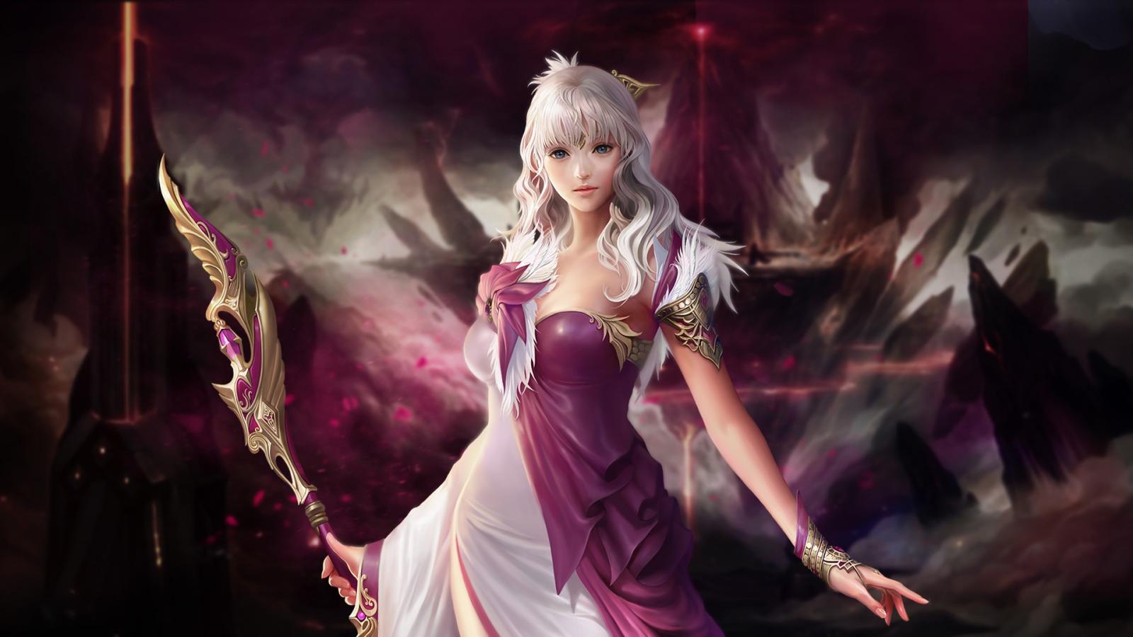 video game, cabal ii, blue eyes, fantasy, purple, sorceress, staff, sword, white hair Panoramic Wallpaper