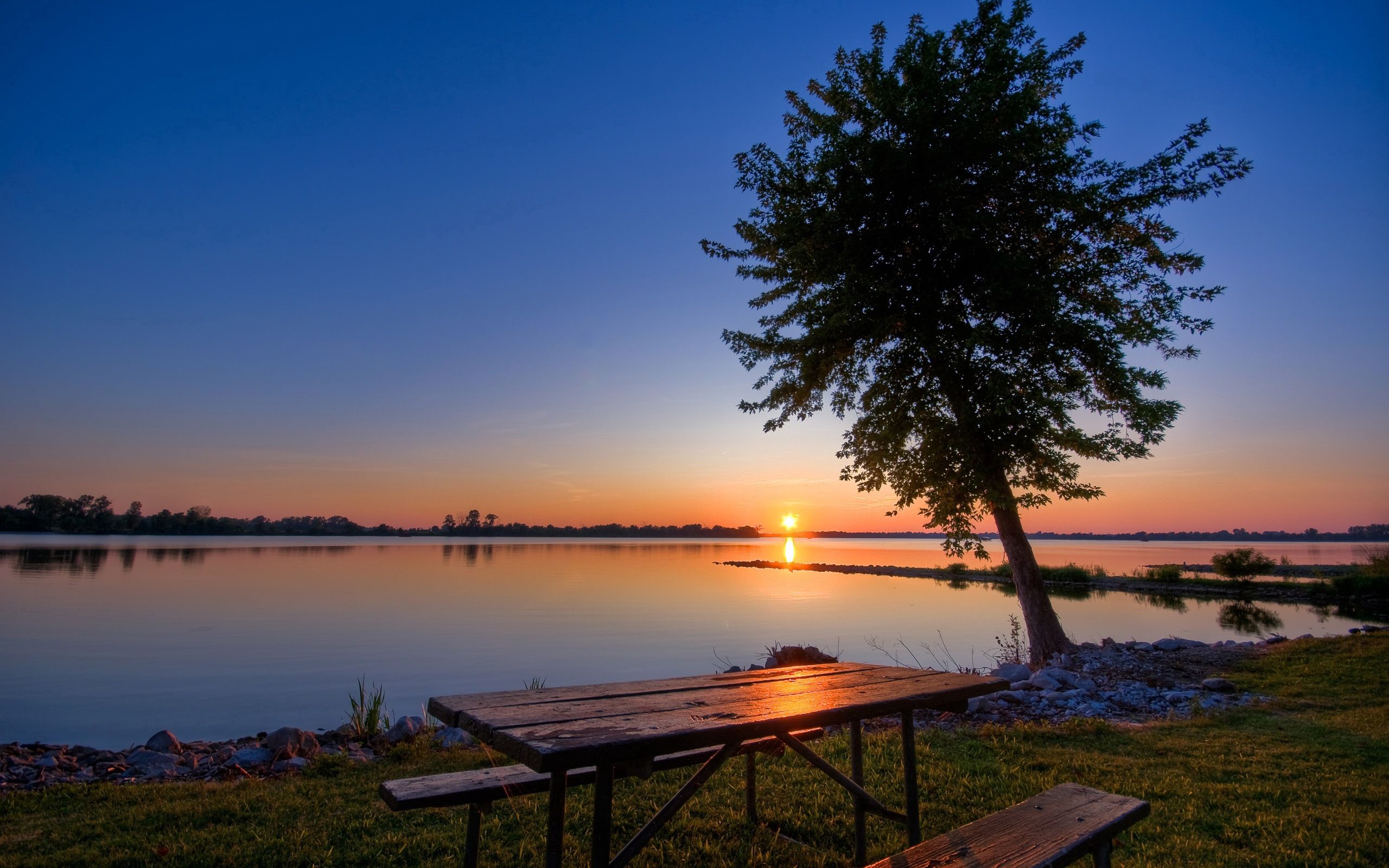 romance, nature, sunset, lake, bank, shore, wood, tree, evening, table, benches