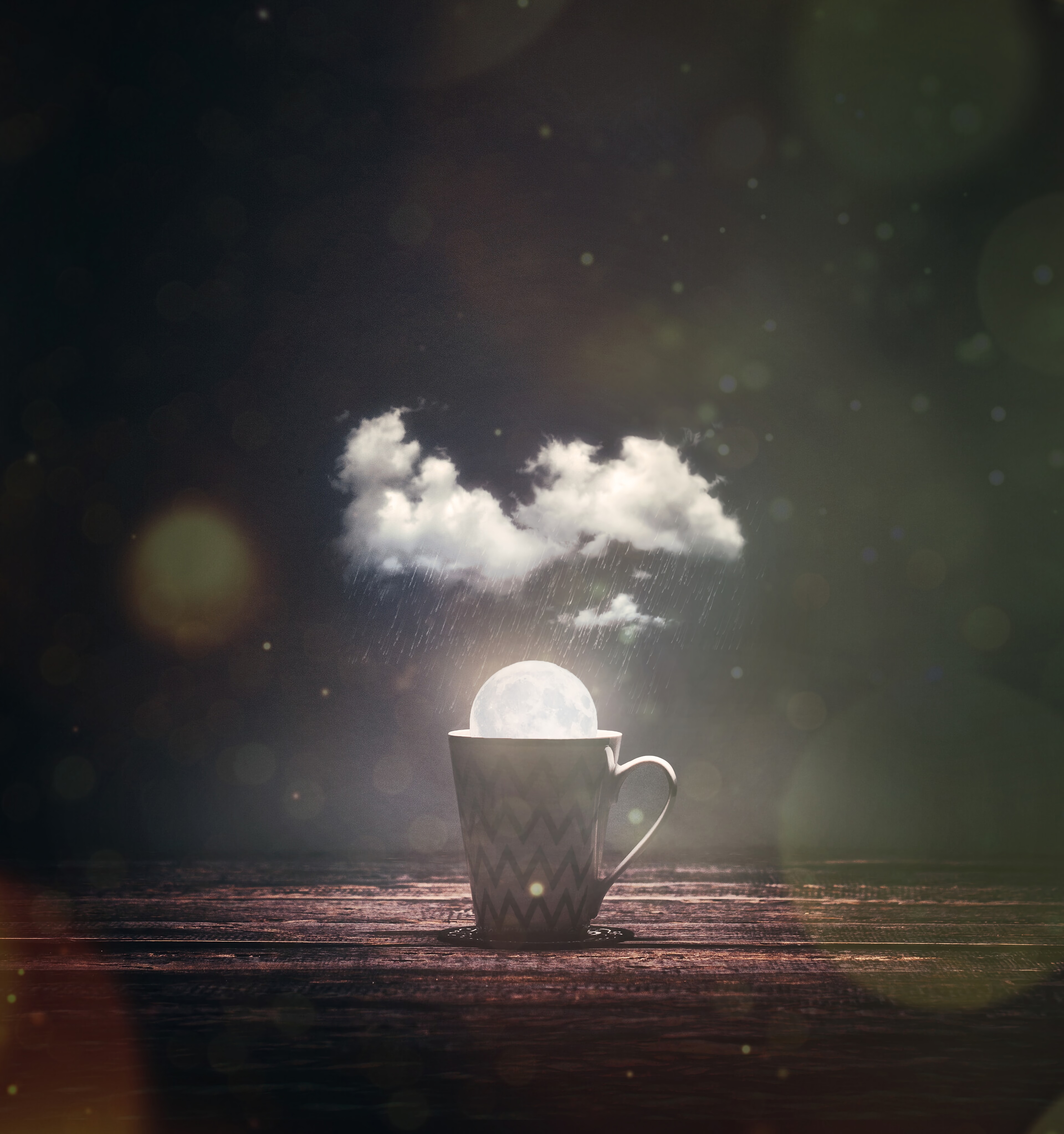 rain, glare, photoshop, moon, miscellanea, miscellaneous, cup, cloud, mug