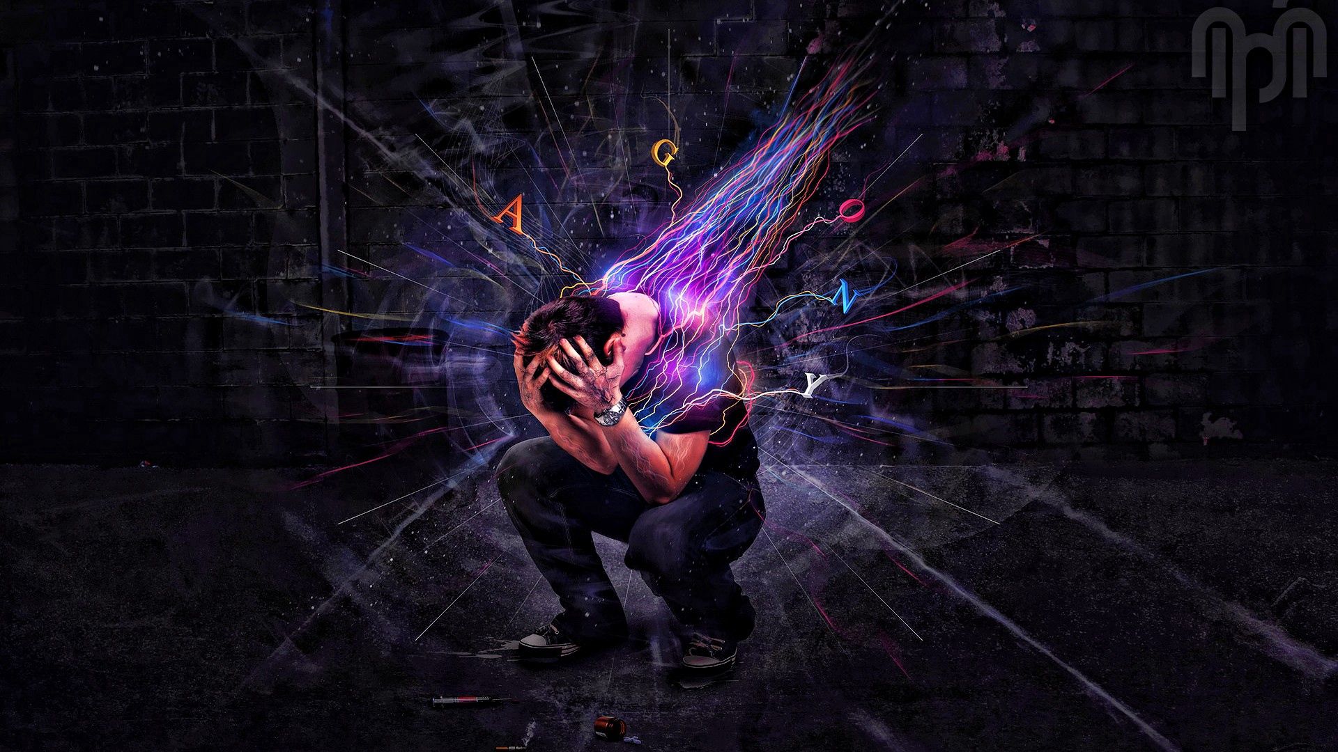 abstract, emotions, man, lines, explosion, paints