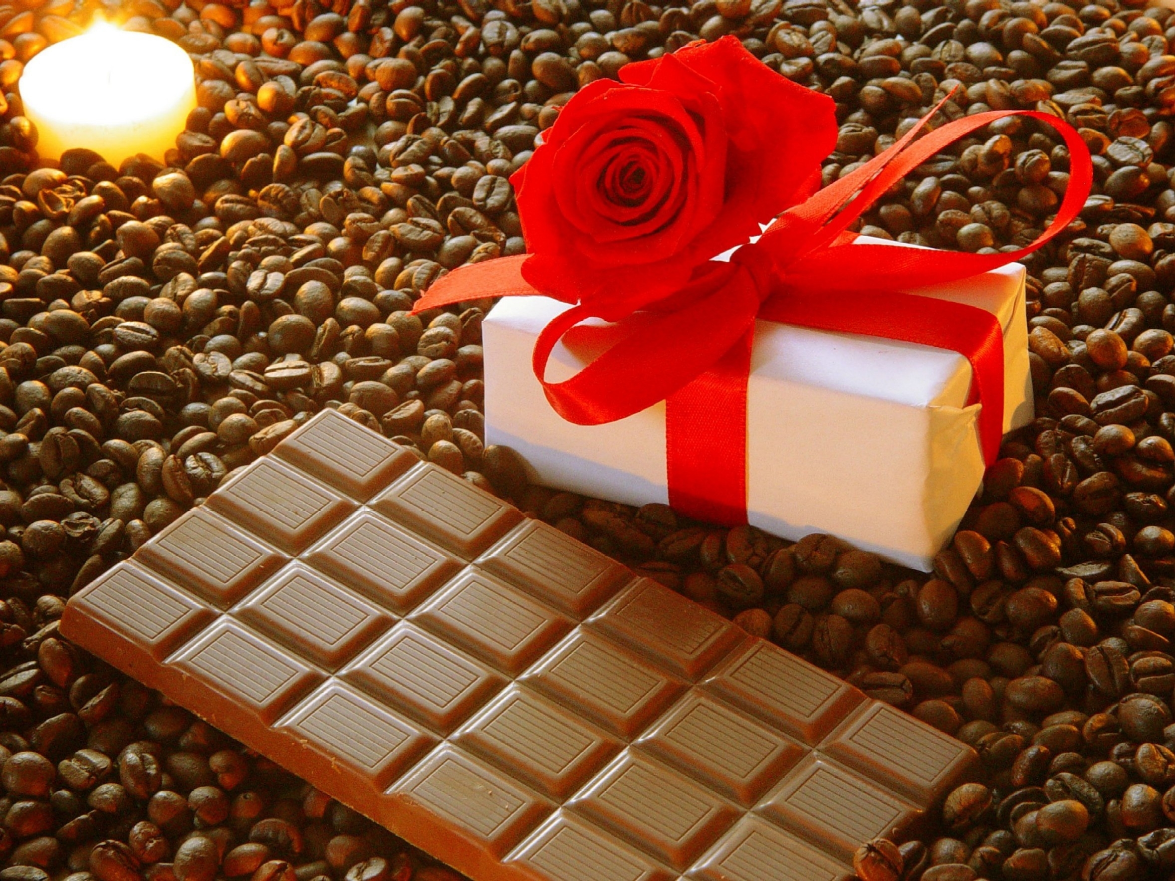 romance, rose flower, food, chocolate, coffee, rose, holiday, present, gift, bow, grains, candle, grain HD wallpaper