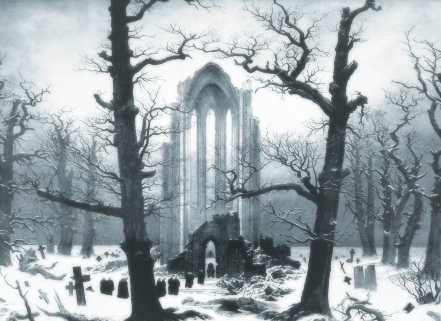 1074637 скачать картинку зима, кладбище, руины, снег, тьма, фантастика, дерево - обои и заставки бесплатно