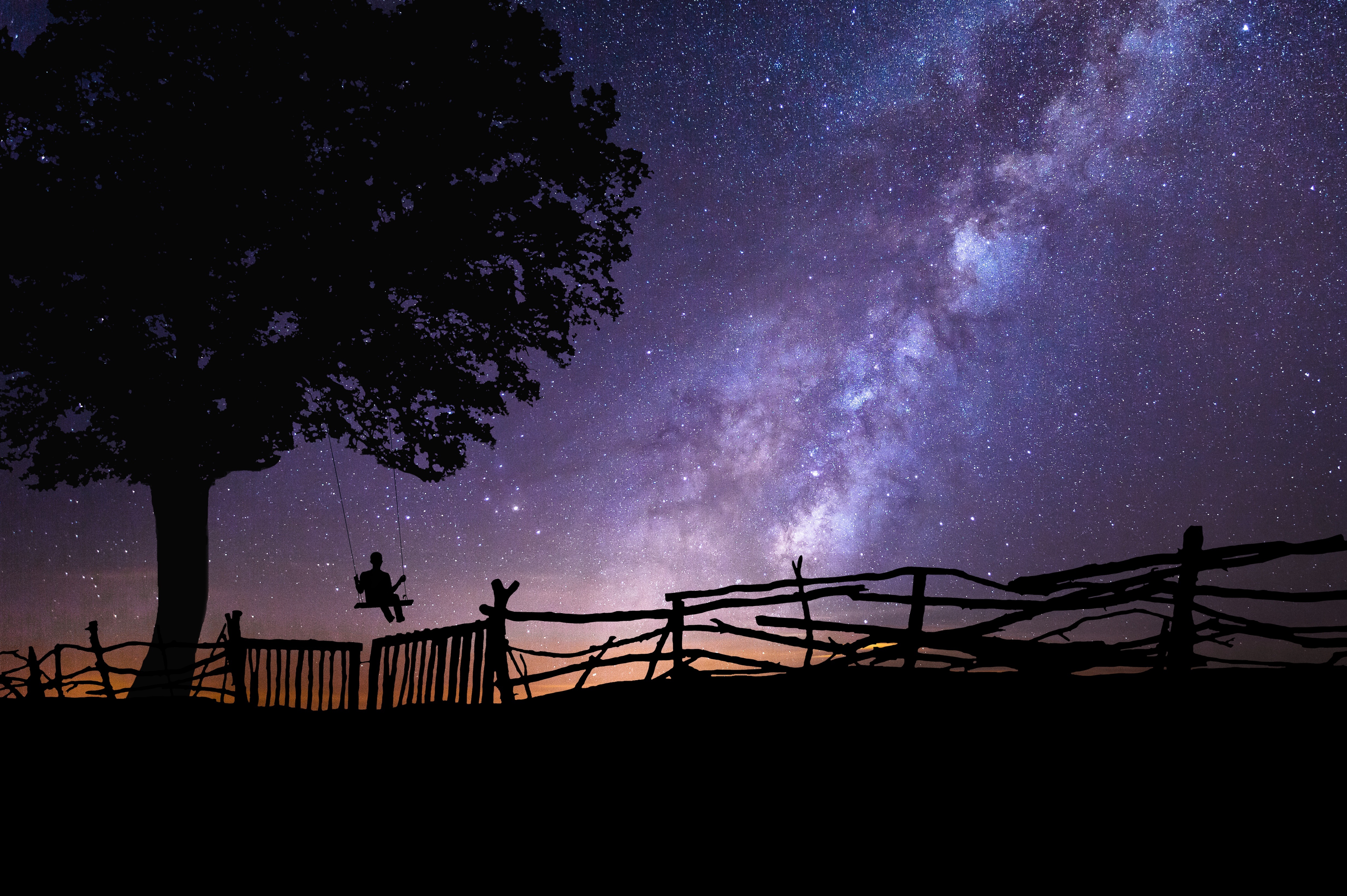 starry sky, dark, night, silhouette, wood, tree, swing Free Stock Photo