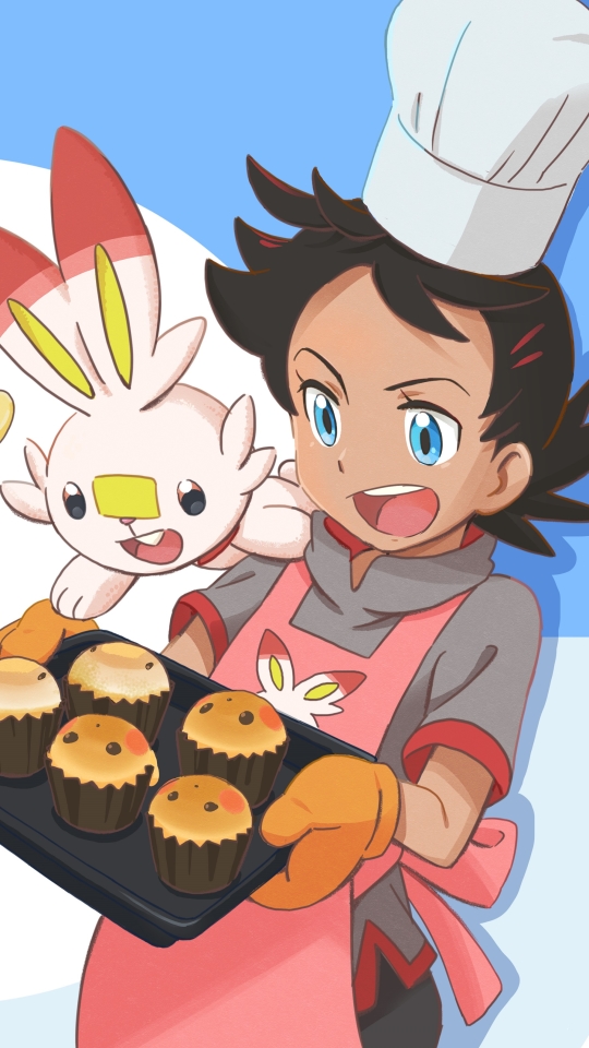 anime, pokémon, goh (pokémon), brown eyes, muffin, black hair, blue eyes, cooking, scorbunny (pokémon) 32K
