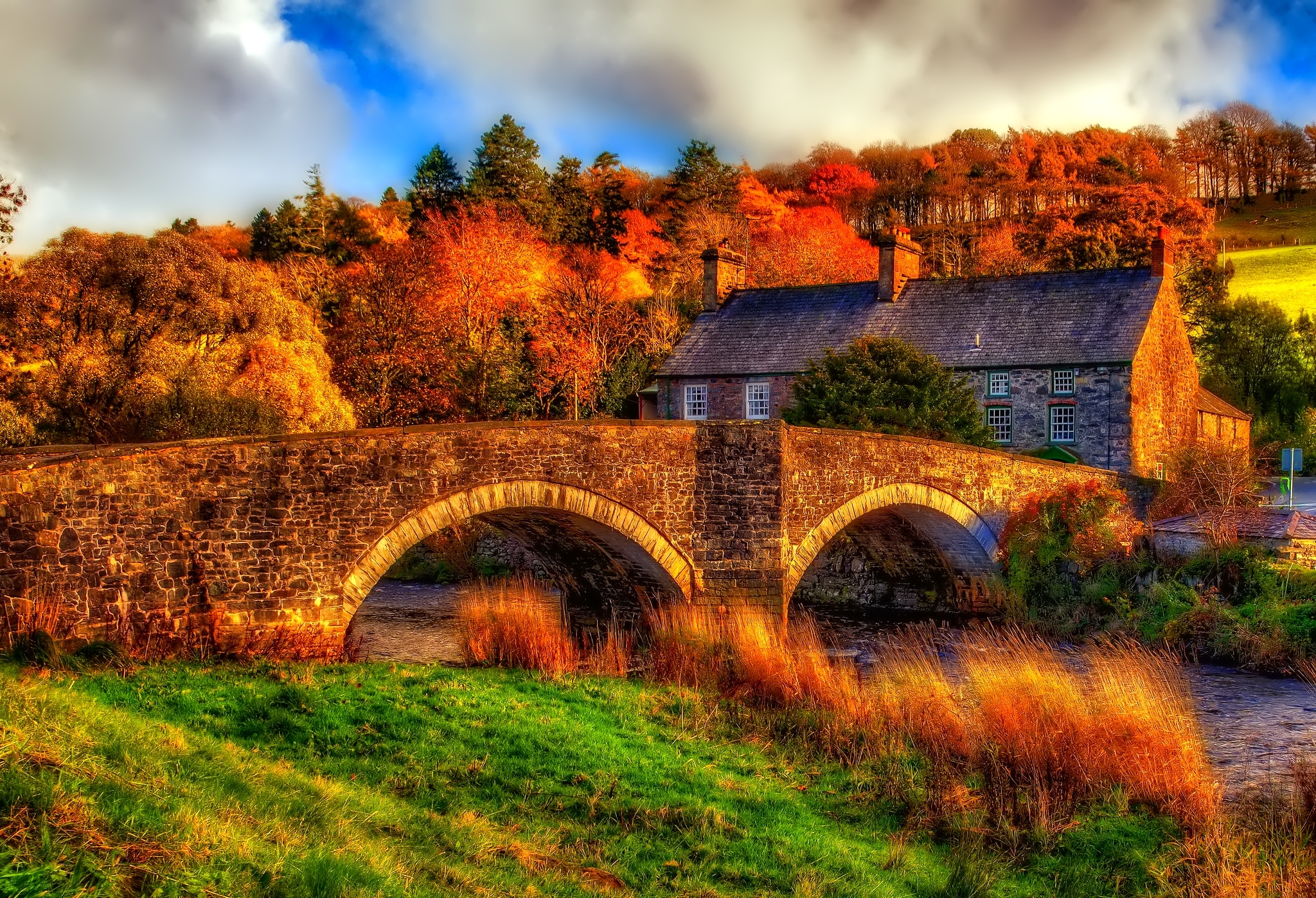 wallpapers wales, photography, hdr, bridge, fall, grass, house, man made, river, united kingdom