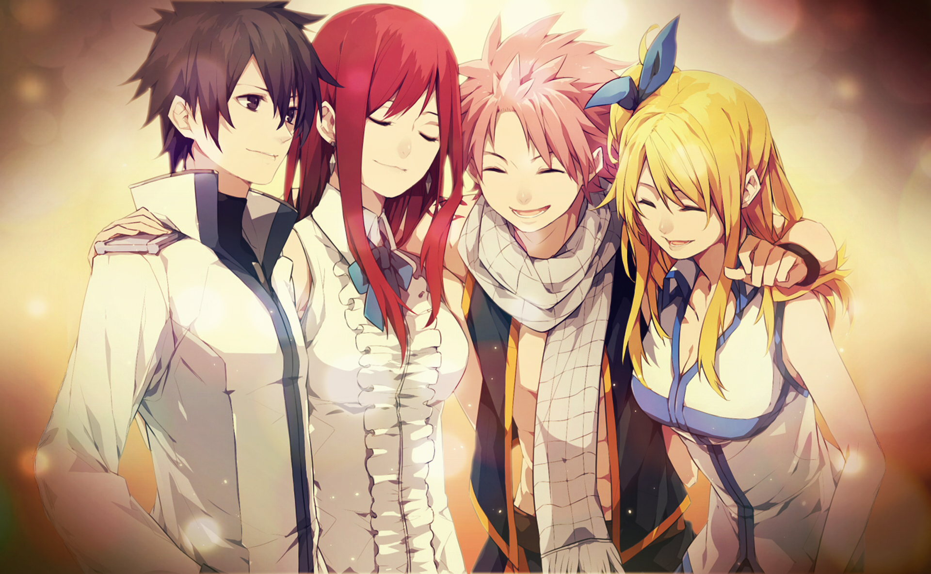 anime, blonde, erza scarlet, fairy tail, gray fullbuster, lucy heartfilia, natsu dragneel, pink hair, red hair
