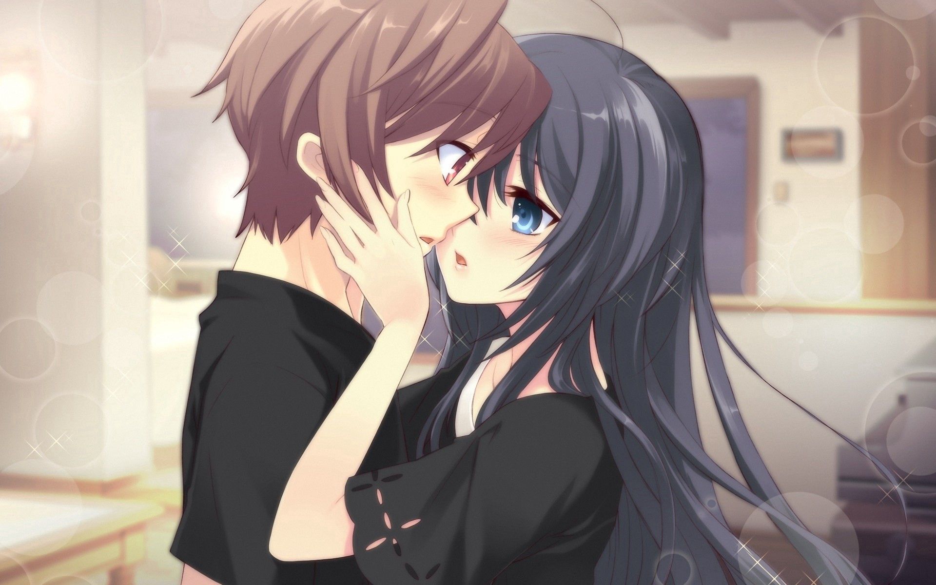 kiss, tenderness, guy, anime, girl cellphone