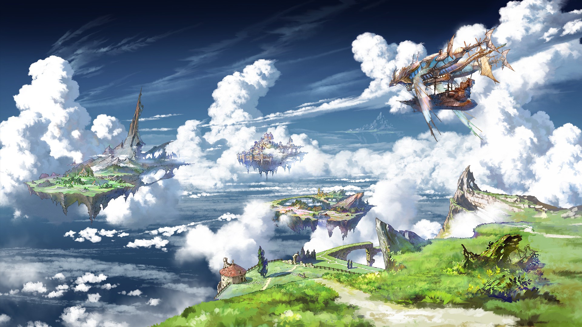 granblue fantasy, anime, cloud, floating island, ship, sky Phone Background