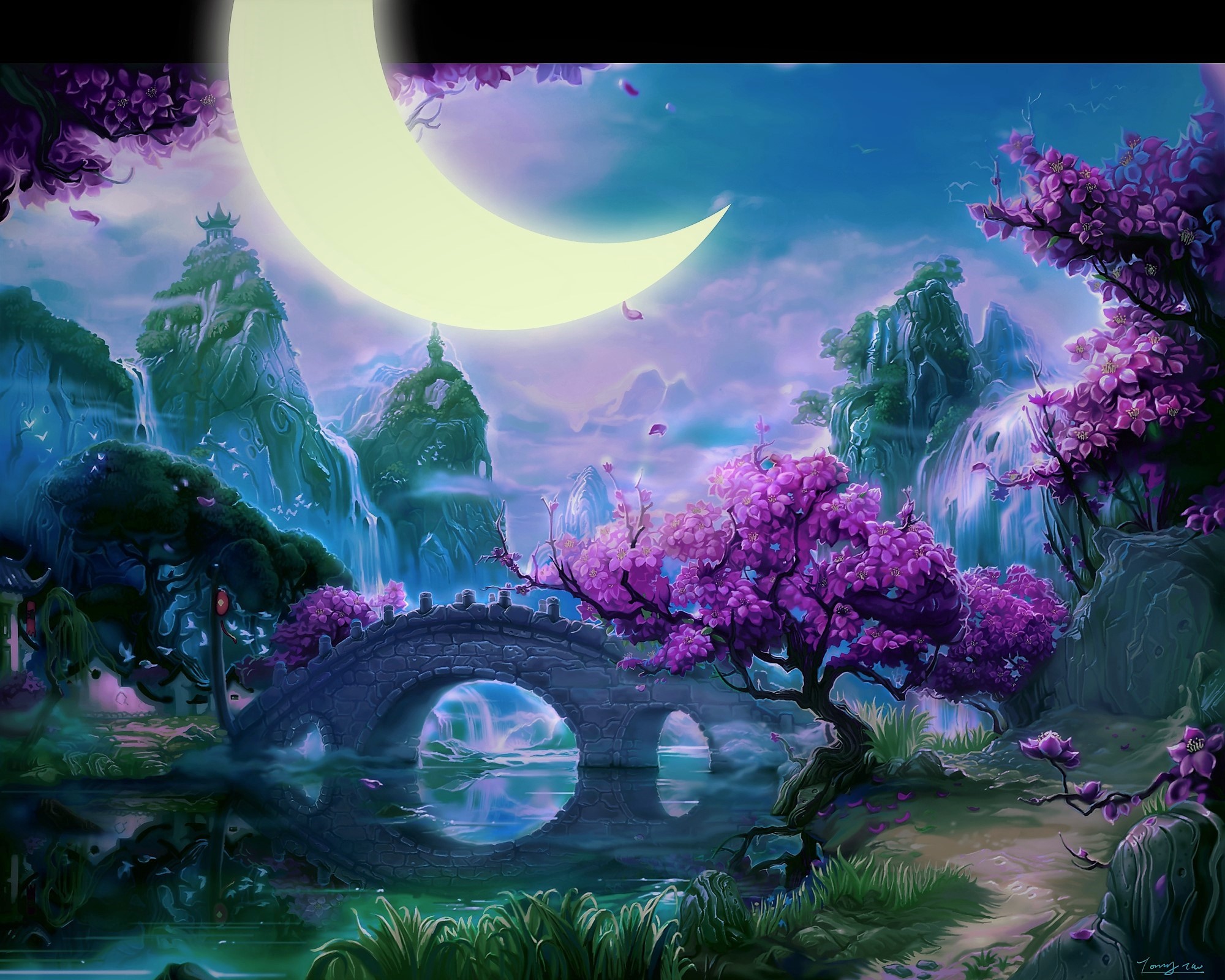 moon, artistic, fantasy, asian, bridge, crescent, flower, landscape, mountain, river, tree, waterfall phone background