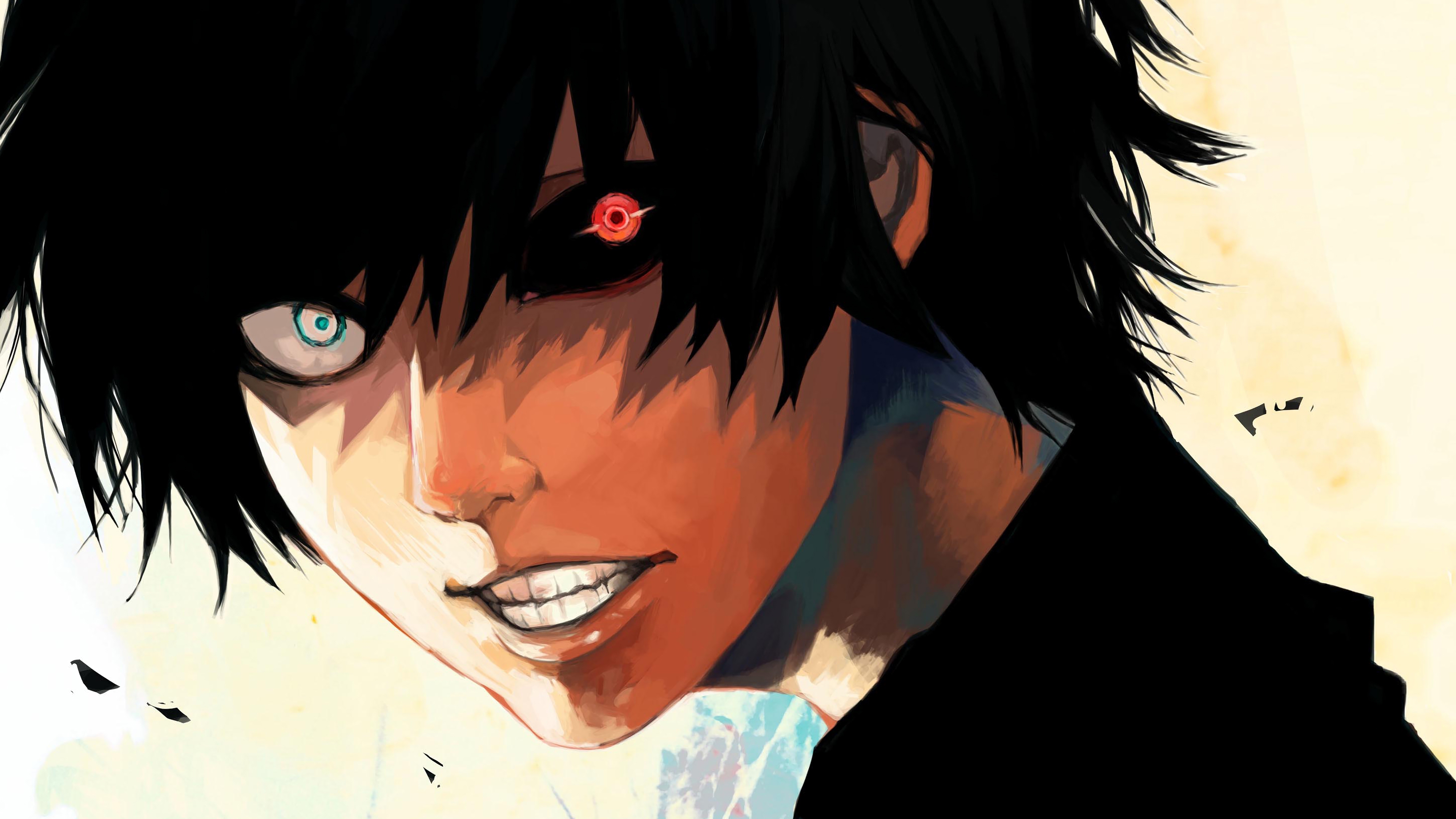 anime, tokyo ghoul:re, angry, black hair, blue eyes, haise sasaki, ken kaneki, red eyes