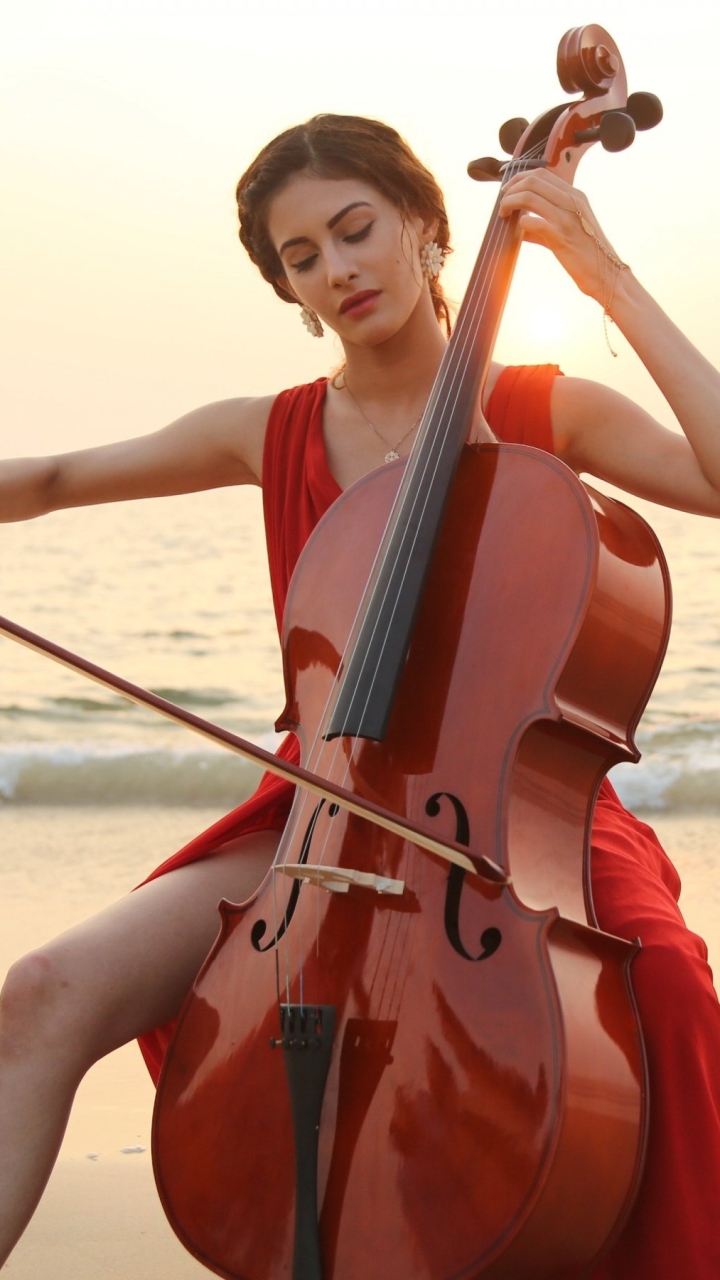 women, model, red dress, mood, cello