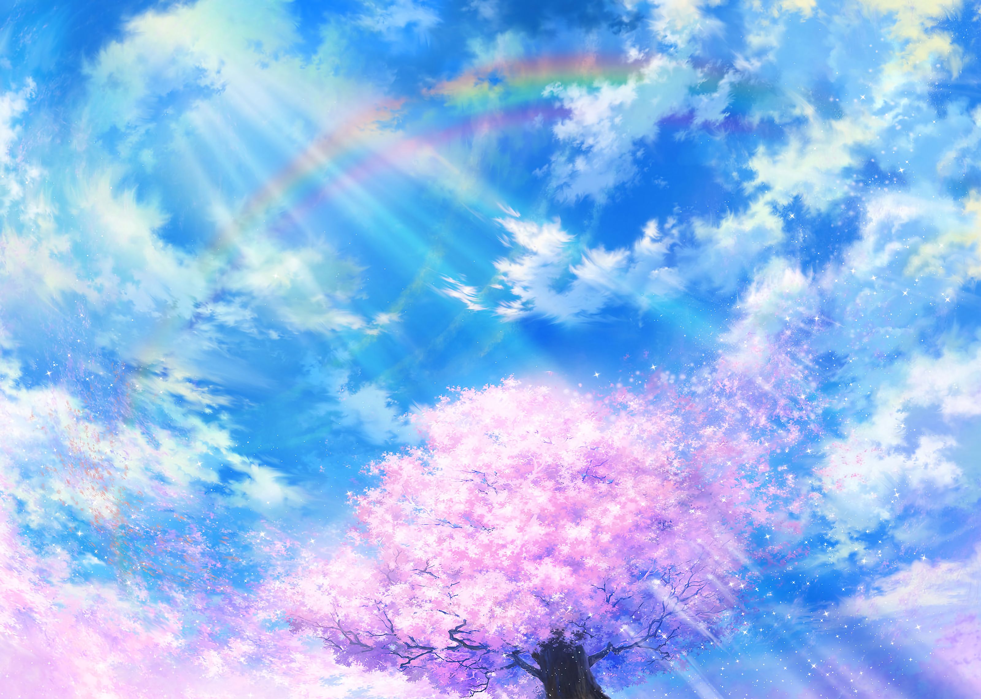sakura, rainbow, art, clouds, flowering, sky, bloom 4K