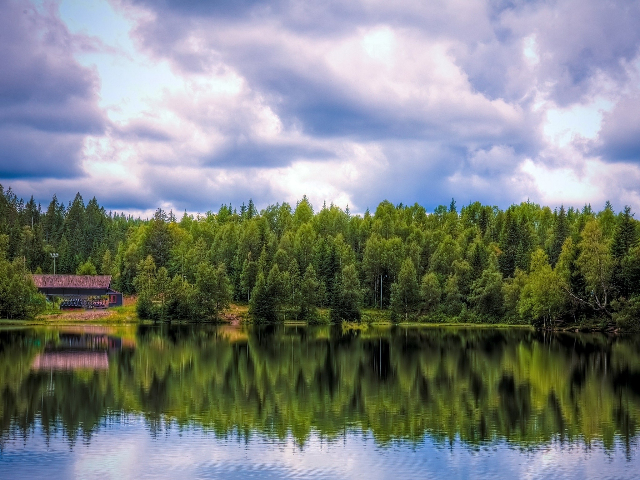 nature, water, reflection, forest, small house, lodge HD wallpaper