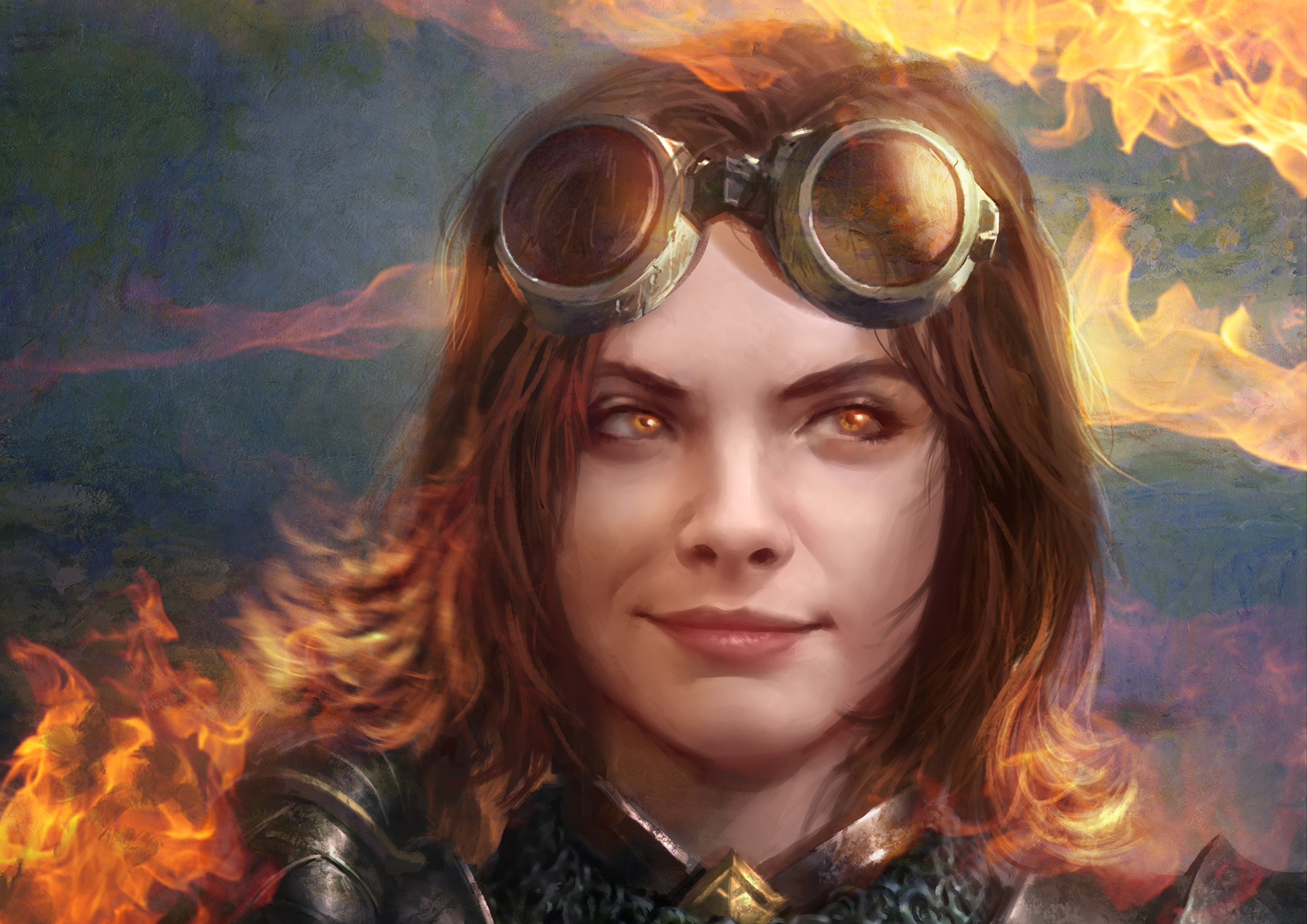 chandra nalaar, game, magic: the gathering, brown hair, fire, goggles, smile 8K