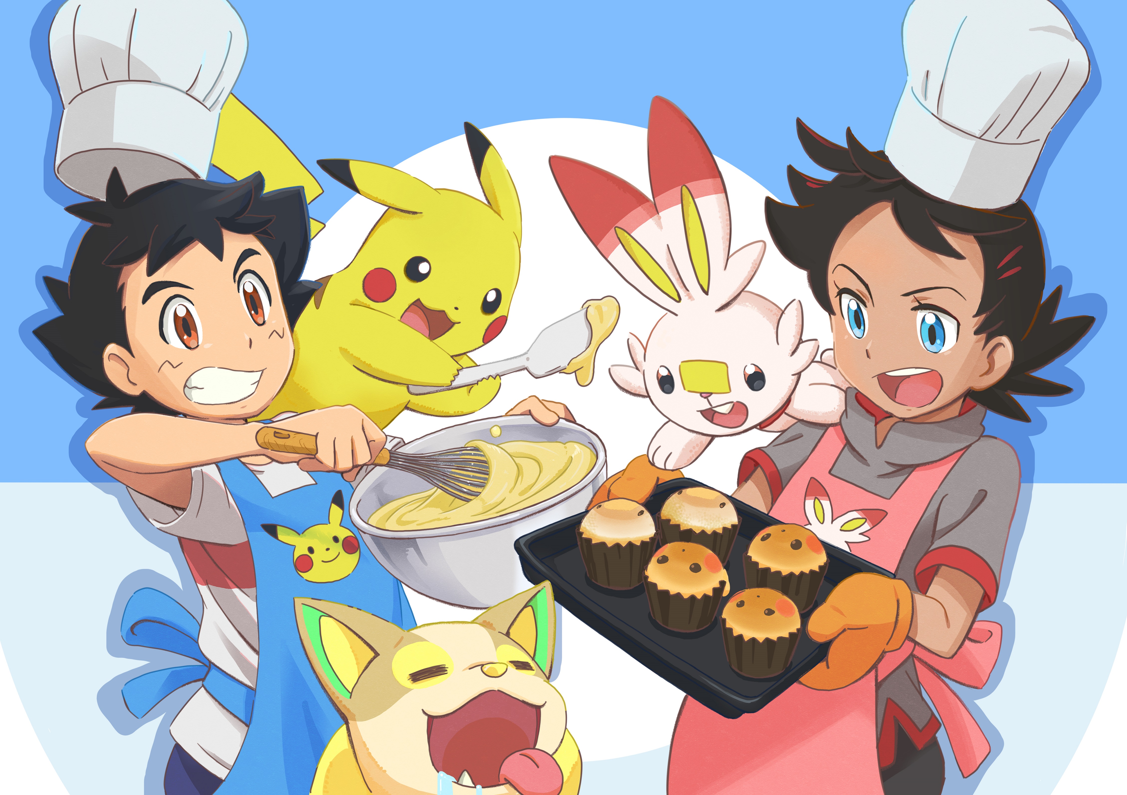 cooking, pikachu, ash ketchum, anime, pokémon, black hair, blue eyes, brown eyes, goh (pokémon), muffin, scorbunny (pokémon), two toned hair, yamper (pokémon) HD wallpaper