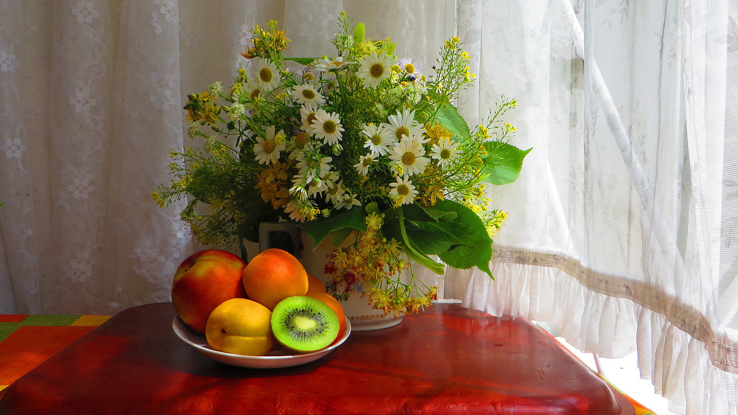 vase, photography, still life, bowl, curtain, daisy, flower, fruit mobile wallpaper