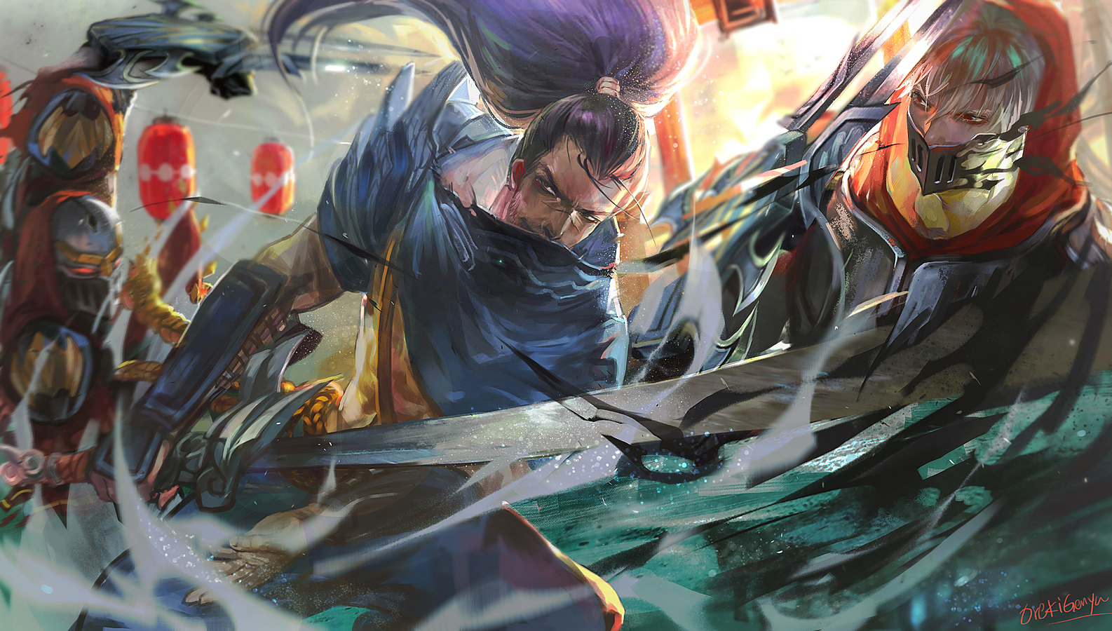 video game, league of legends, mask, ninja, samurai, sword, yasuo (league of legends), zed (league of legends) Phone Background