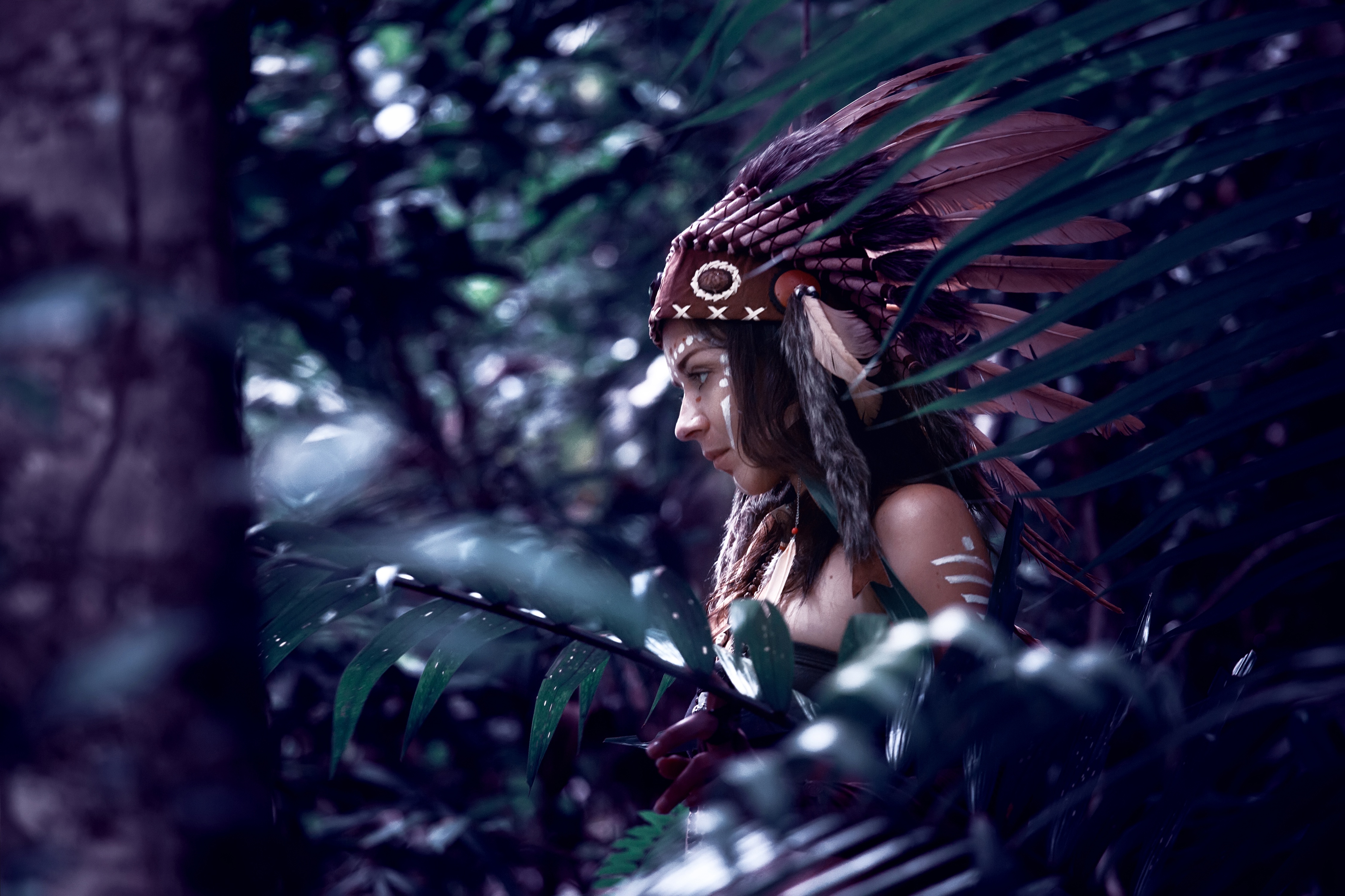 Download mobile wallpaper Feather, Bokeh, Women, Native American for free.