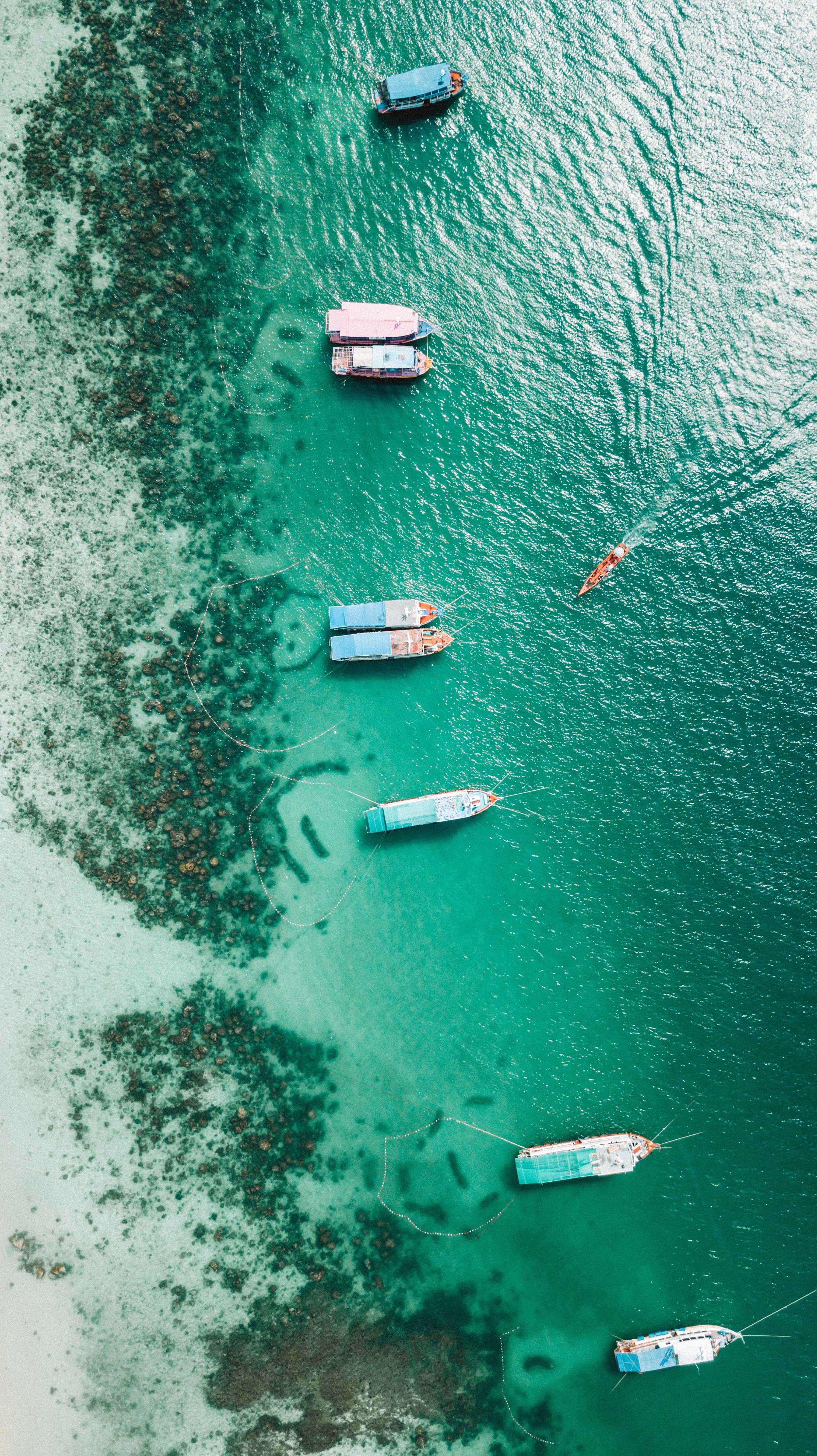 aerial view, nature, boats, shore, bank, ocean, stranded, shallow, moored