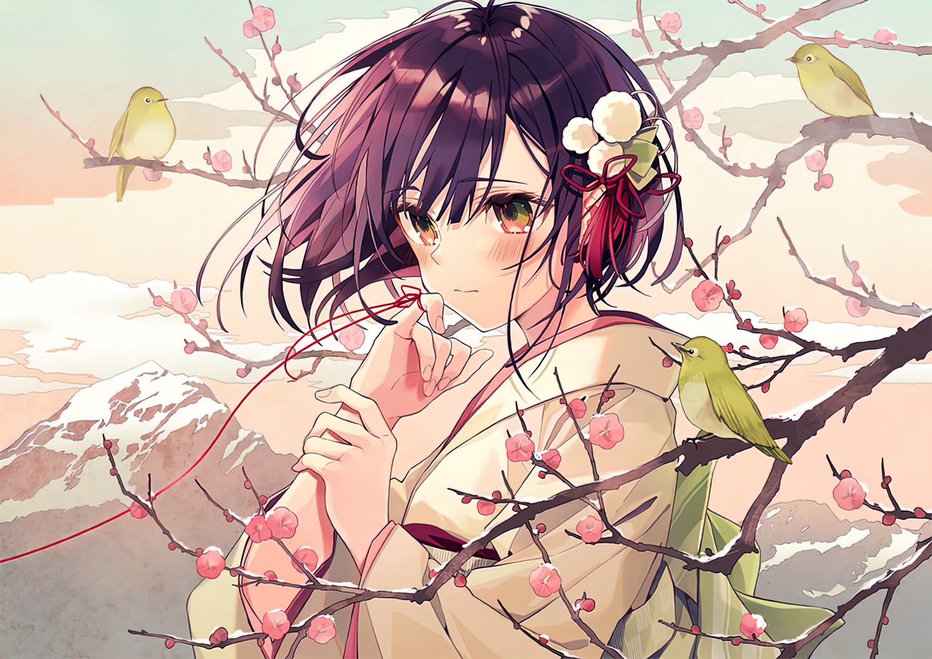 Download mobile wallpaper Anime, Bird, Girl, Kimono, Green Eyes, Cherry Blossom, Short Hair for free.