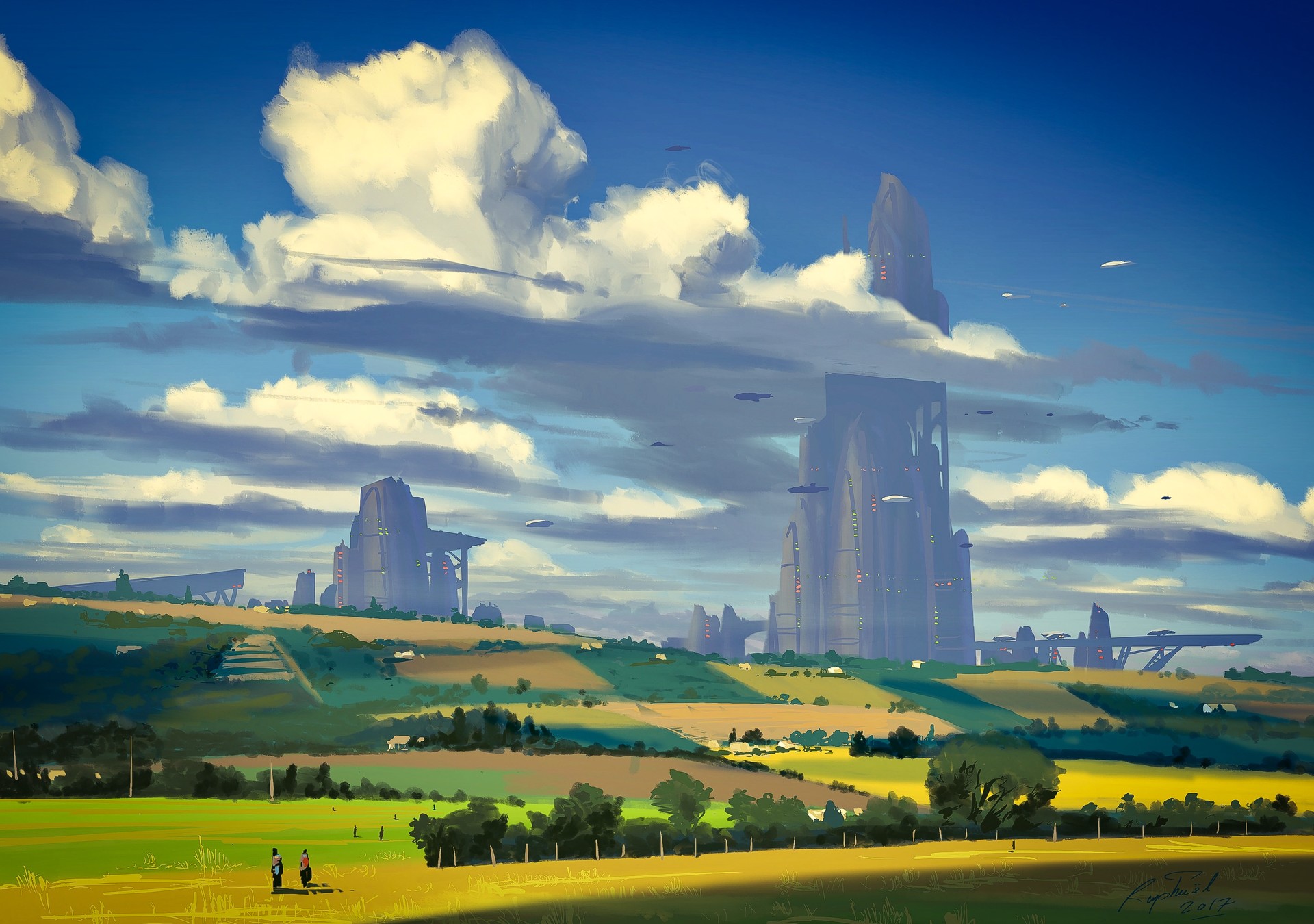 skyscraper, sci fi, landscape, building, cloud, countryside, sky, tree for android