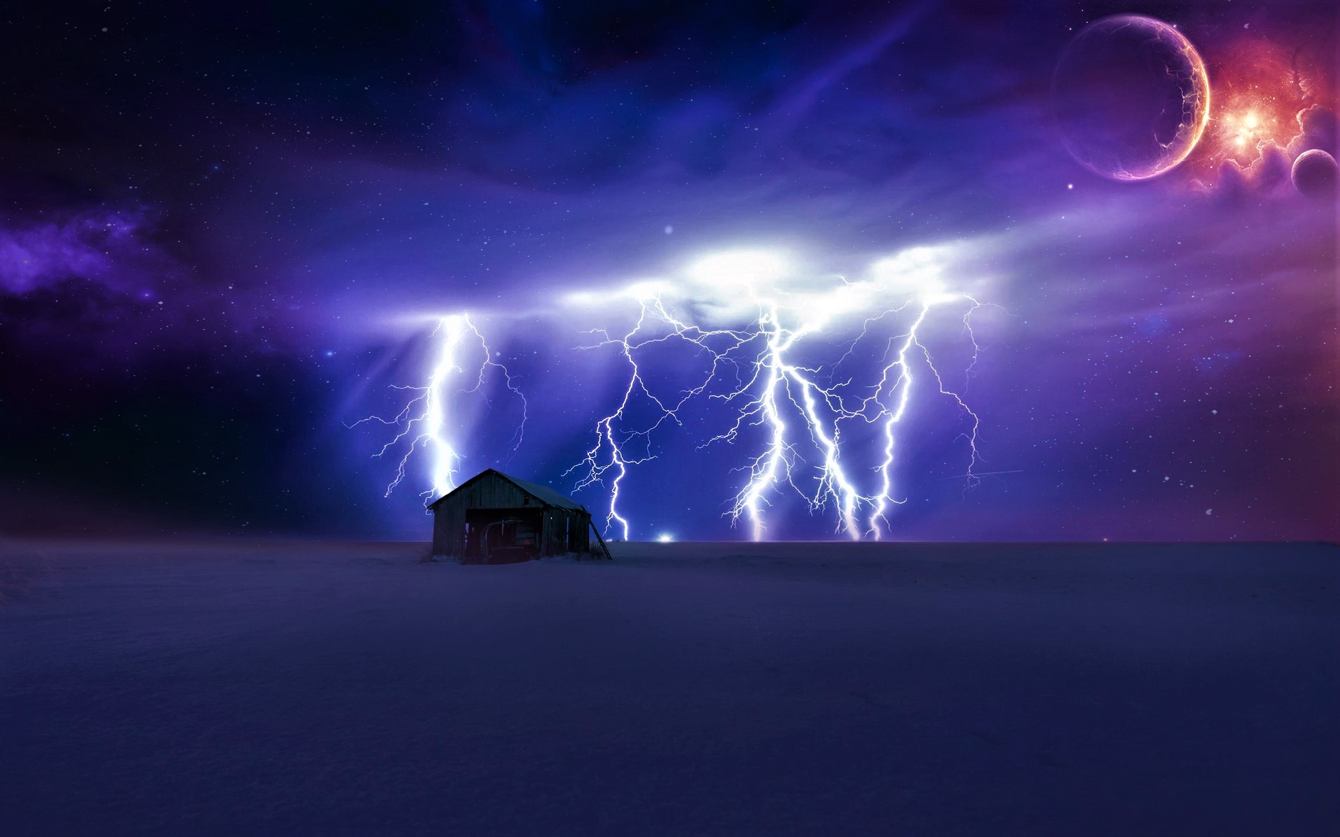 artistic, digital art, lightning, planet, shed, sky, winter cellphone