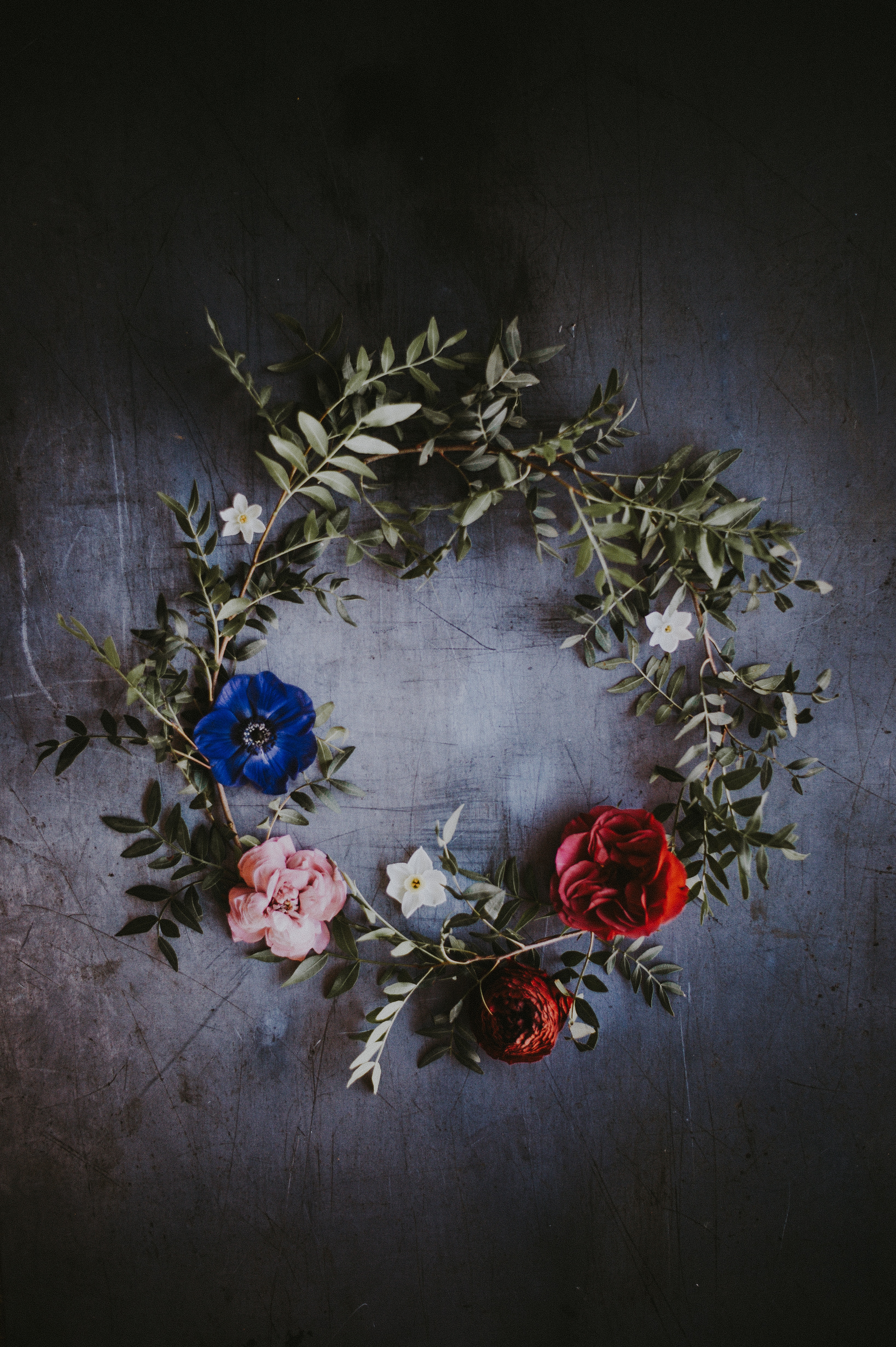 Download mobile wallpaper Wreath, Composition, Leaves, Flowers for free.