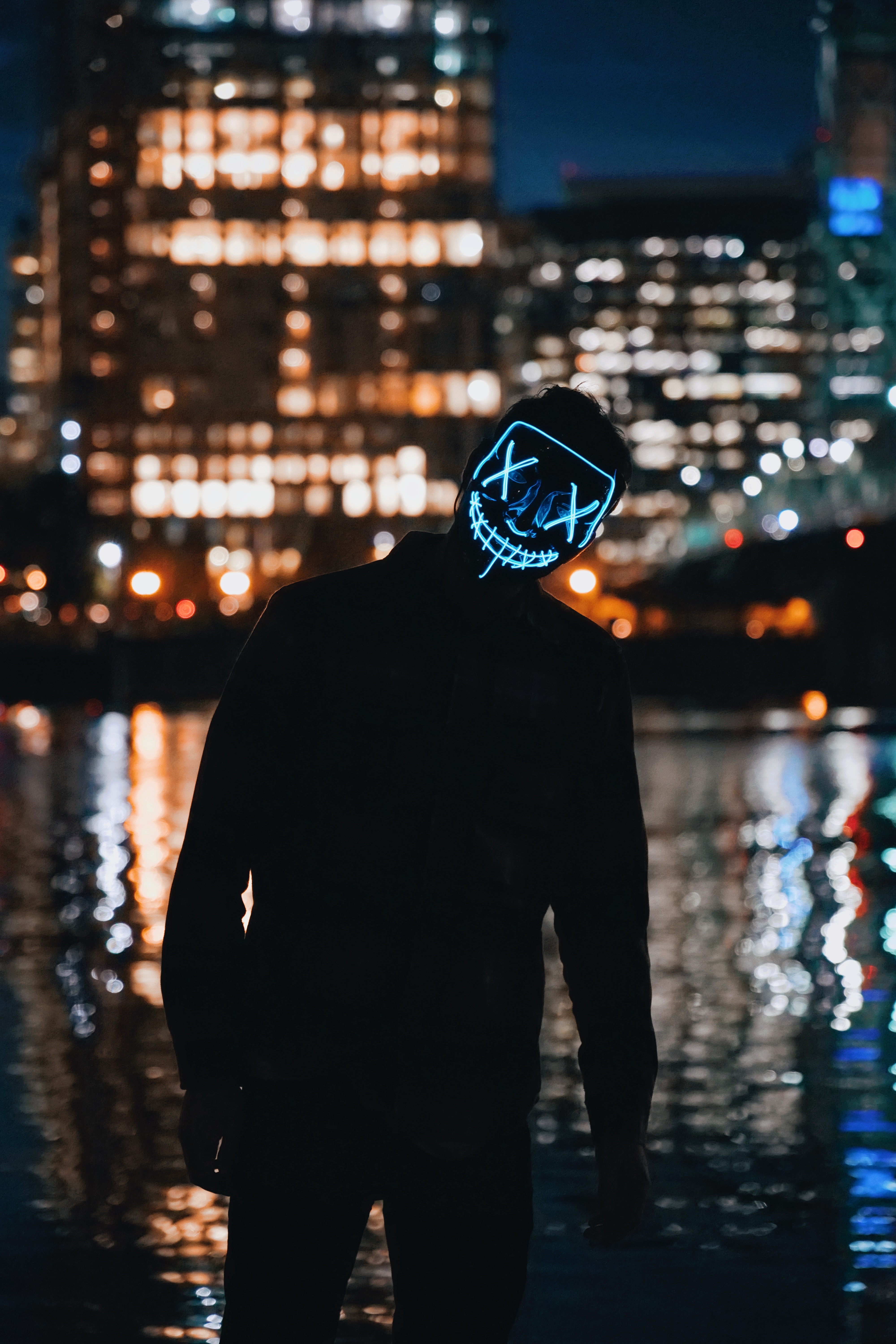 mask, lights, dark, silhouette, neon lock screen backgrounds