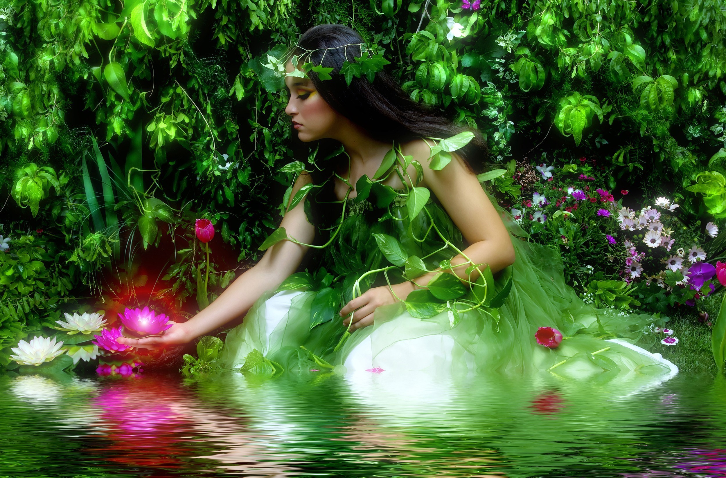 makeup, fairy, fantasy, brunette, flower, leaf, pond, spring, water lily lock screen backgrounds