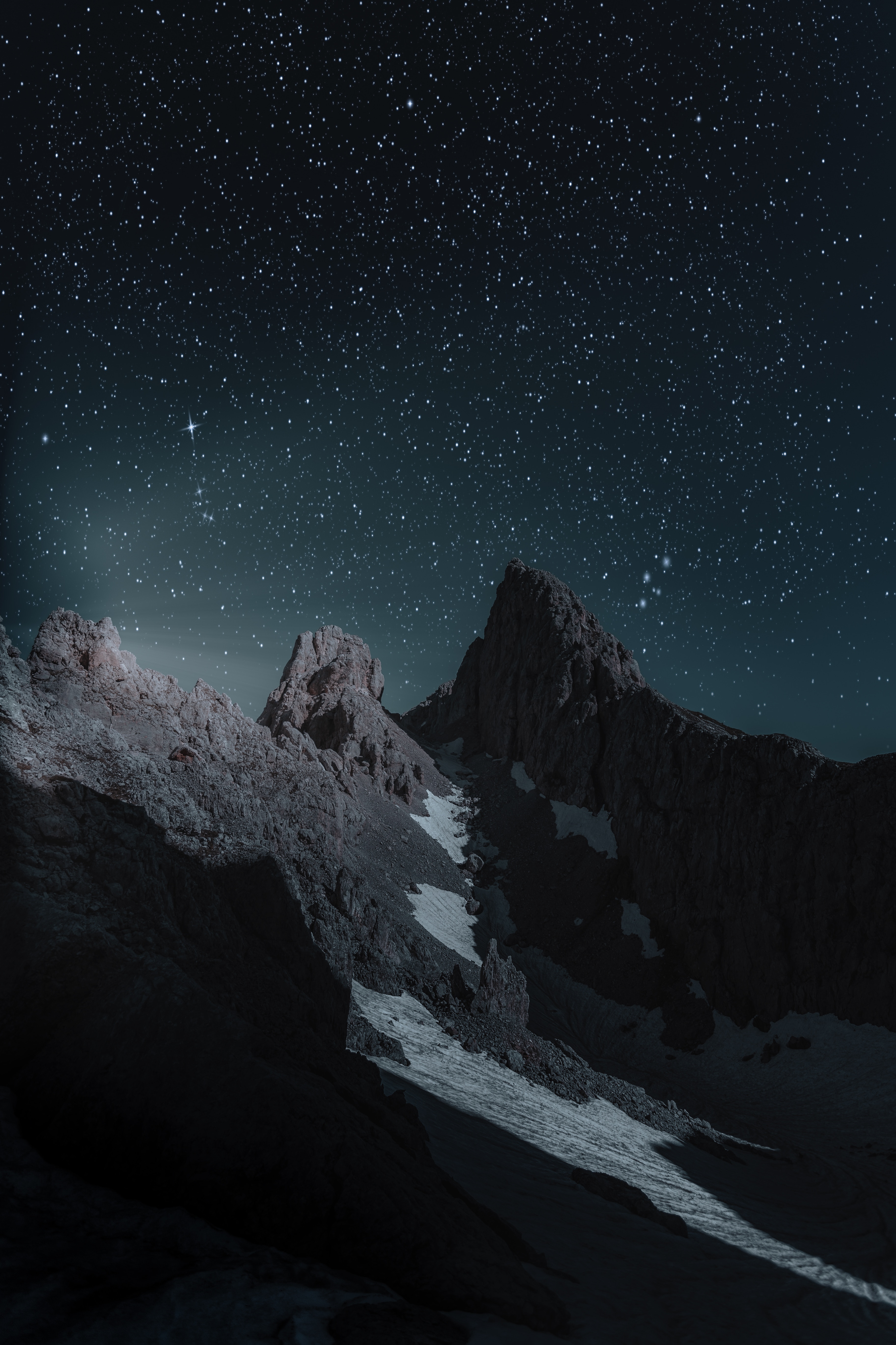 mountains, nature, night, top, vertex, starry sky, snowbound, snow covered QHD