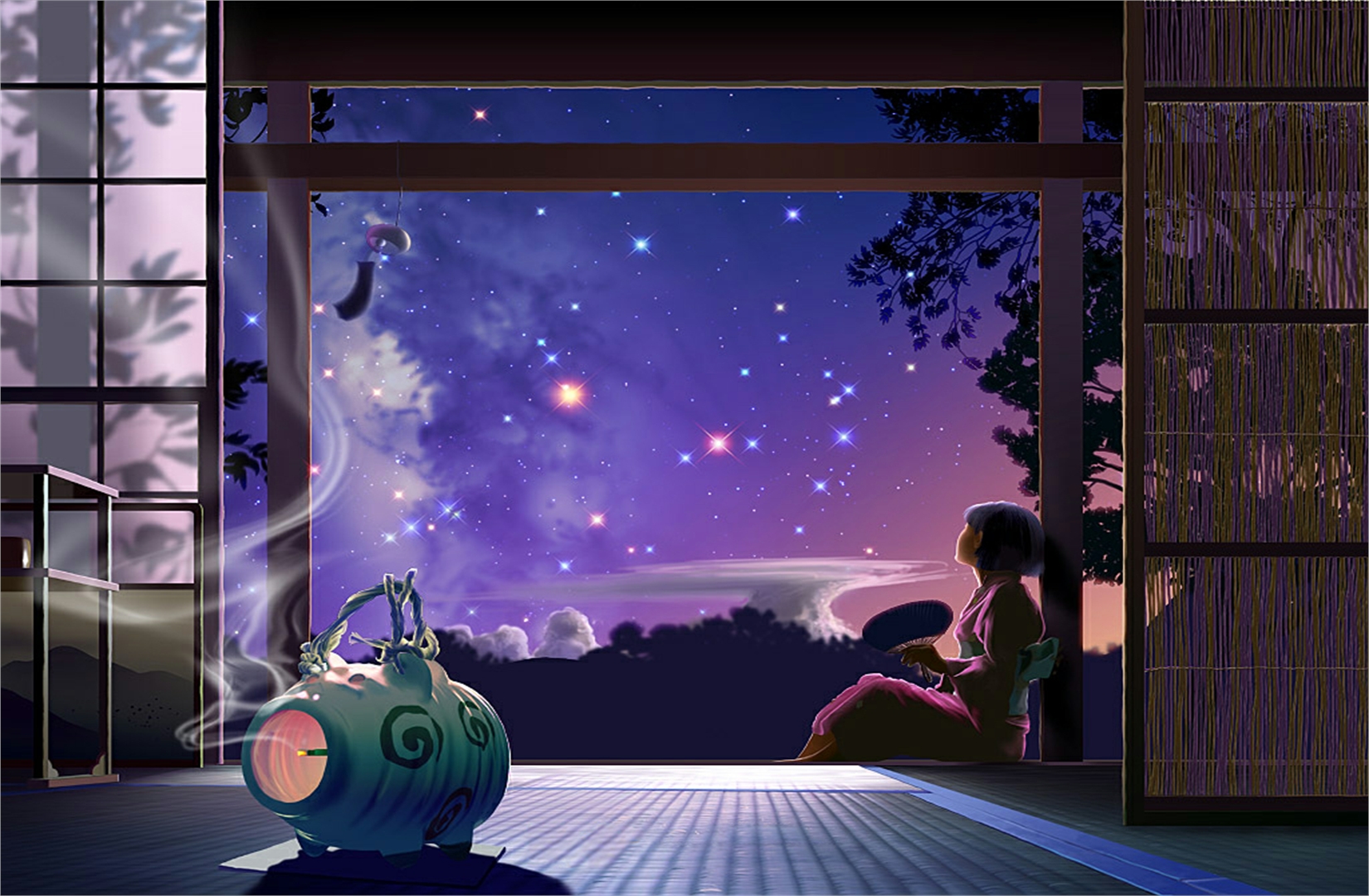 original, anime, kimono, starry sky